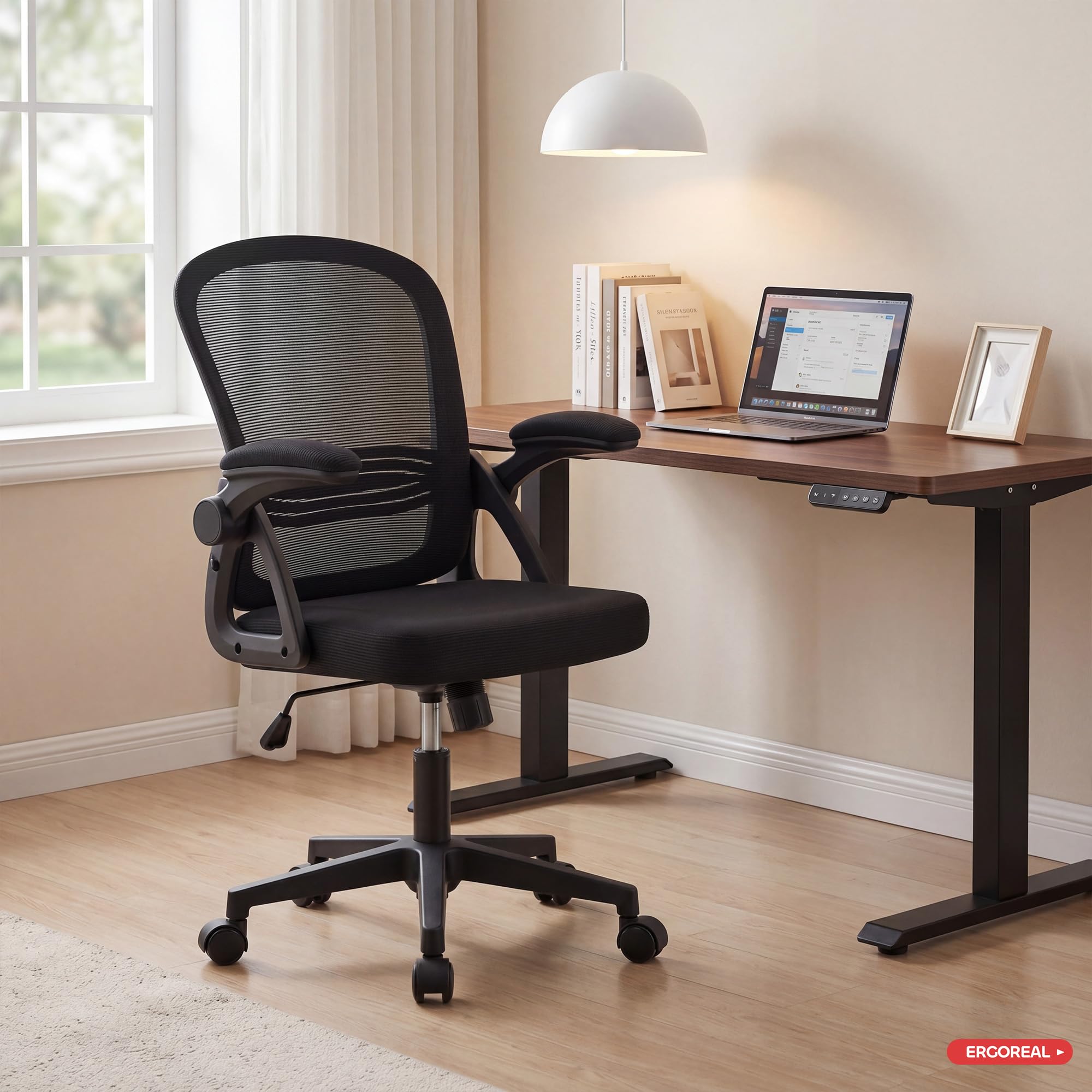 Ergonomischer Bürostuhl, 90-110° Verstellbare Rückenlehne & Aufklappbare Armlehnen (90°), Bürostuhl mit Rollen & Höhenverstellung,Homeoffice & Arbeitszimmer (Tiefe Schwarz) - 2