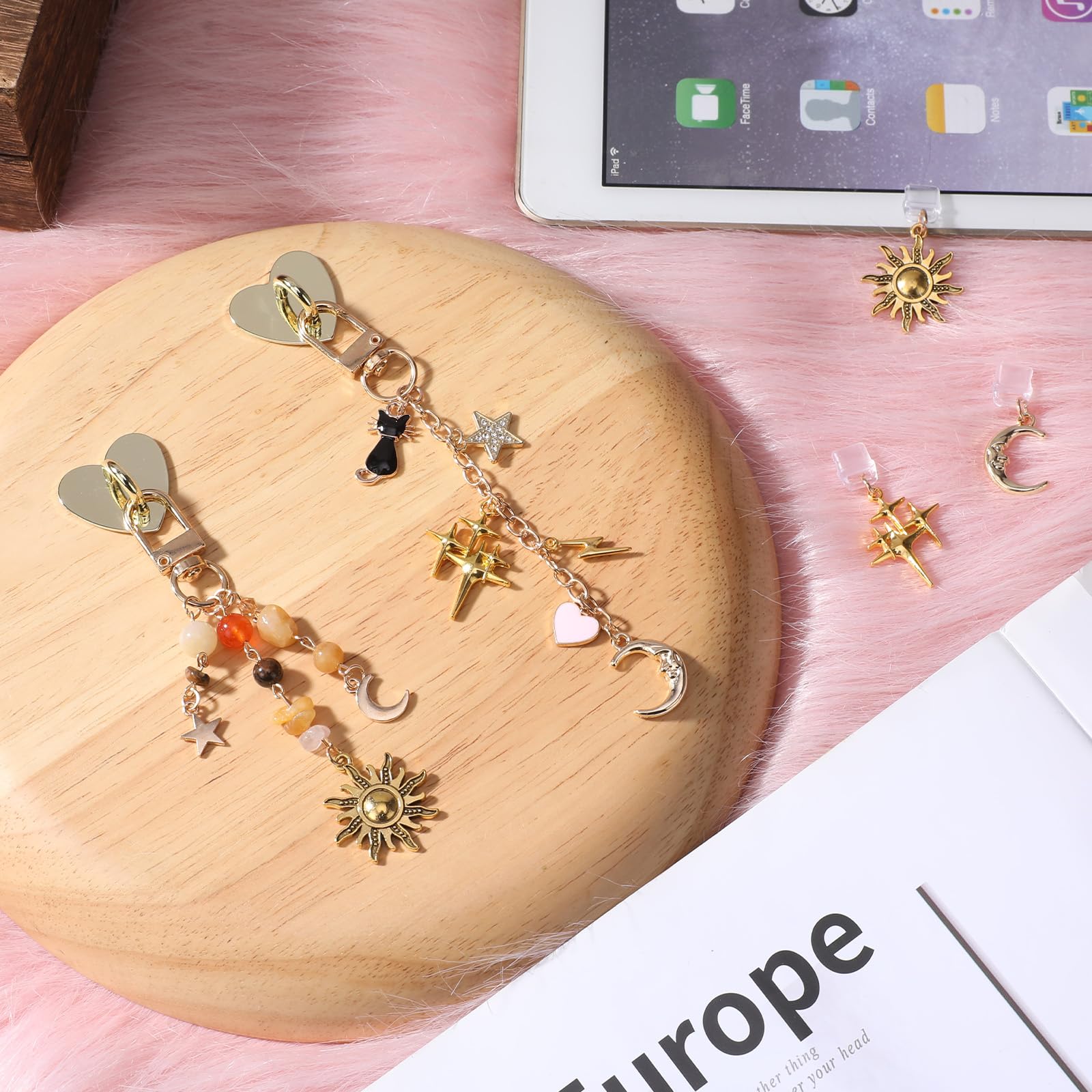 5PCS Crystal Charms for Kindle - Fantasy Mystical Star Moon Sun Chains with Type C Dust Plug, Charm for Readers Book Lovers, Compatible for E-Reader Phones Paper White - 3