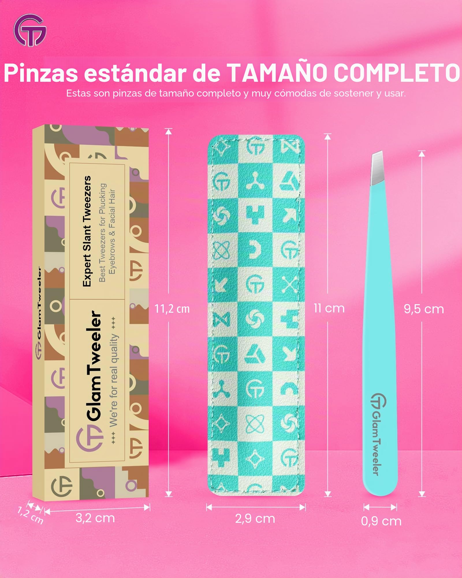 GlamTweeler Expert - Pinzas de depilación de cejas con funda de cuero, punta inclinada de alta precisión, pinzas de acero inoxidable para hombres y mujeres (color azul huevo de Robin)