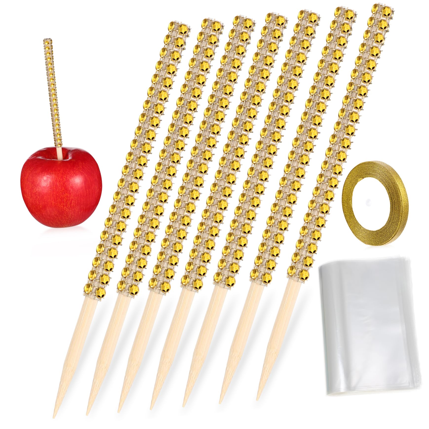 SOLUSTRE 1 Set Wooden Candy Sticks Apple Sticks with Transparent Bags Glitter Ribbons for Appetizers Party Treats and DIY Desserts Bling Rhinestone Design for Attractive Presentation