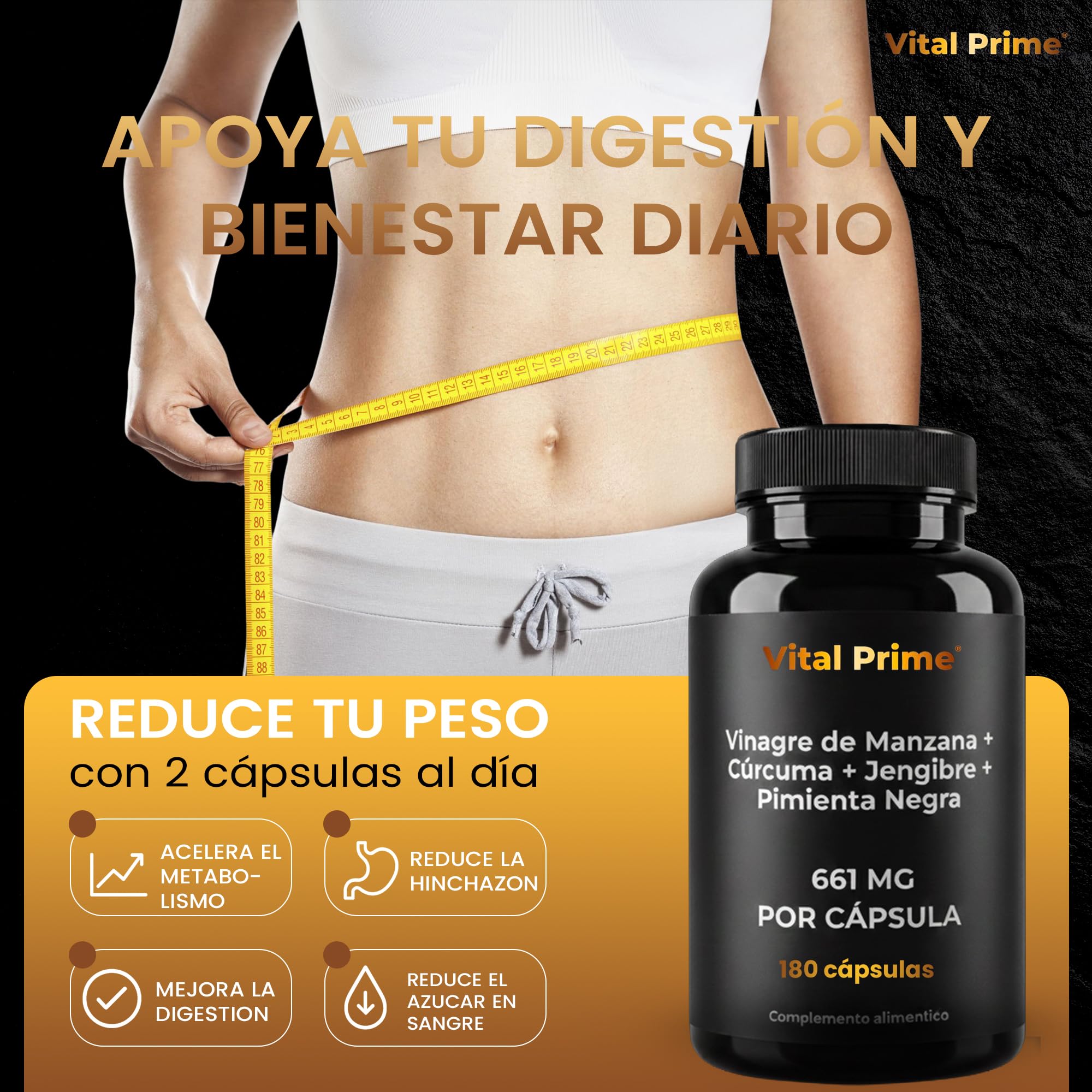 VITAL PRIME Vinagre de Manzana Capsulas 180 Cápsulas 661mg por Cápsula con Cúrcuma, Jengibre y Pimienta Negra con la Madre | Suministro para 6 Meses | Cápsulas de Vinagre de Manzana Apto para Veganos — view 10