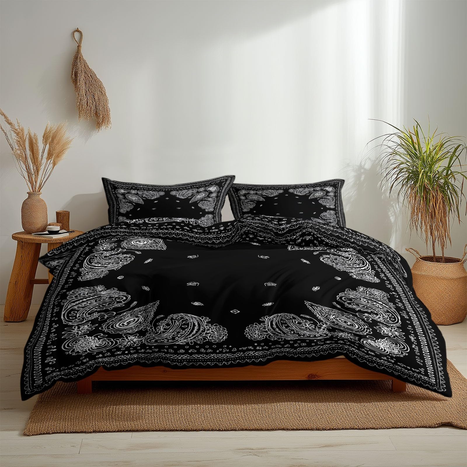 Schwarz Bettwäsche-Sets 155 x 220 cm, Paisley-Bordüre Wendebettwäsche Weiche Mikrofaser Allergiker 3 Teilig Bettbezug mit Reißverschluss, Bügelfrei Deckenbezug mit 2 Kissenbezüge 80x80 cm