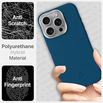 Minesk iPhone 15 için MagSafe ile Uyumlu Çizilmeyen ve Parmak İzi Tutmayan Deri Görünümlü Metal Tuşlu ve Metal Lens Çerçeveli Hybrid Silikon Kılıf (Mavi, 15)