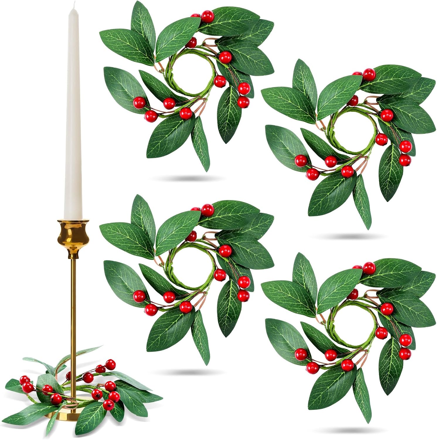 Suncalla 4 Pcs 1.26'' Christmas Candle Ring Wreath Mini Berry Garland
