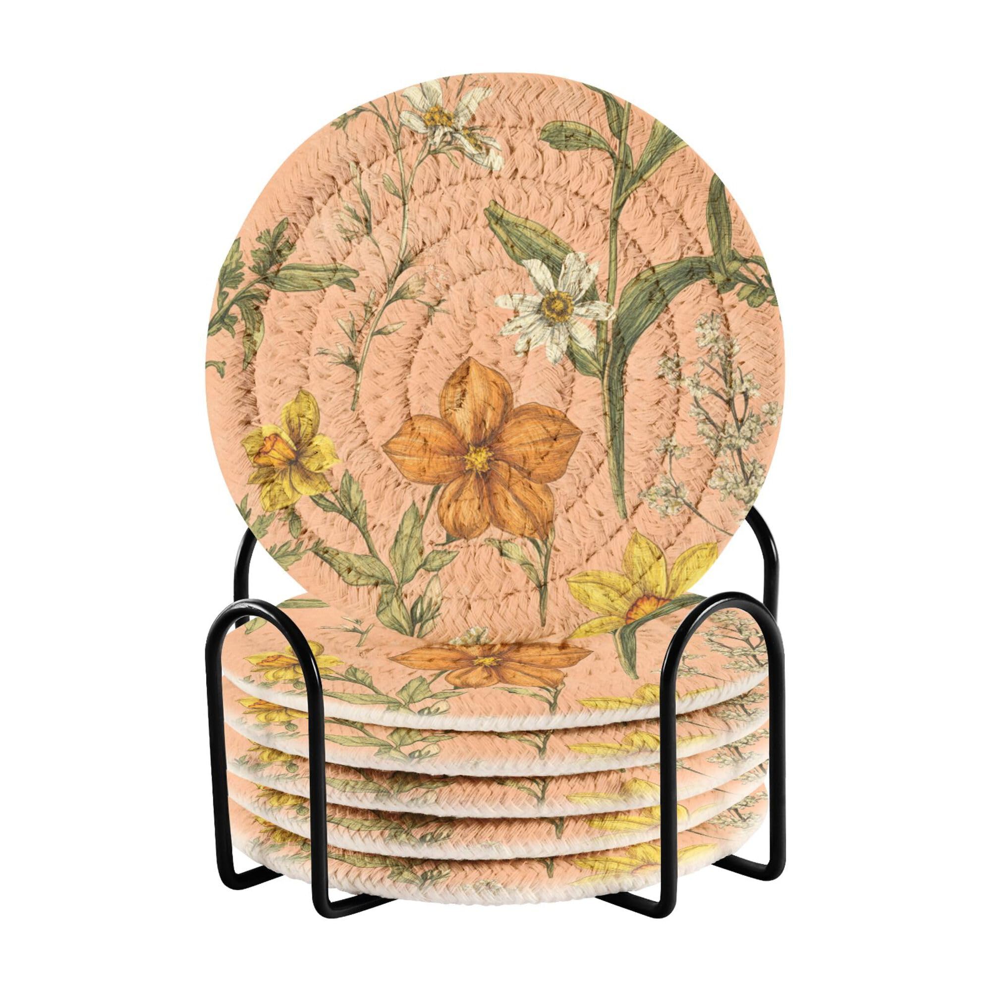 Fall Flowers Daffodil Peach Cotton Rope Cup Coasters Set of 6 with Holder Coffee Table Coasters