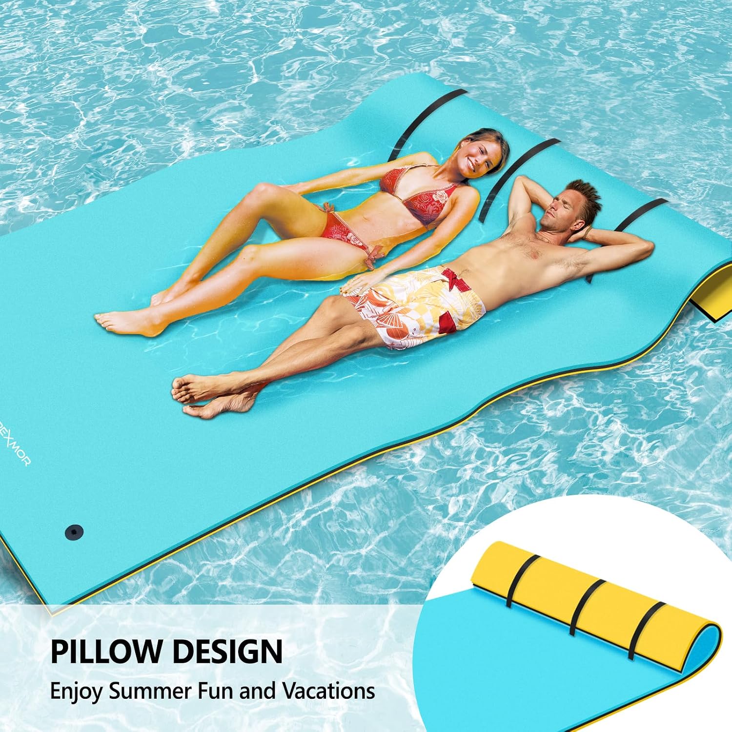 PEXMOR Floating Water Mat, 9/12/18 x 6 FT Floating Pad for The Water, 3-Layer XPE Foam Water Floating Island w/Bungee Tether & Storage Straps for Lake Pool Beach River