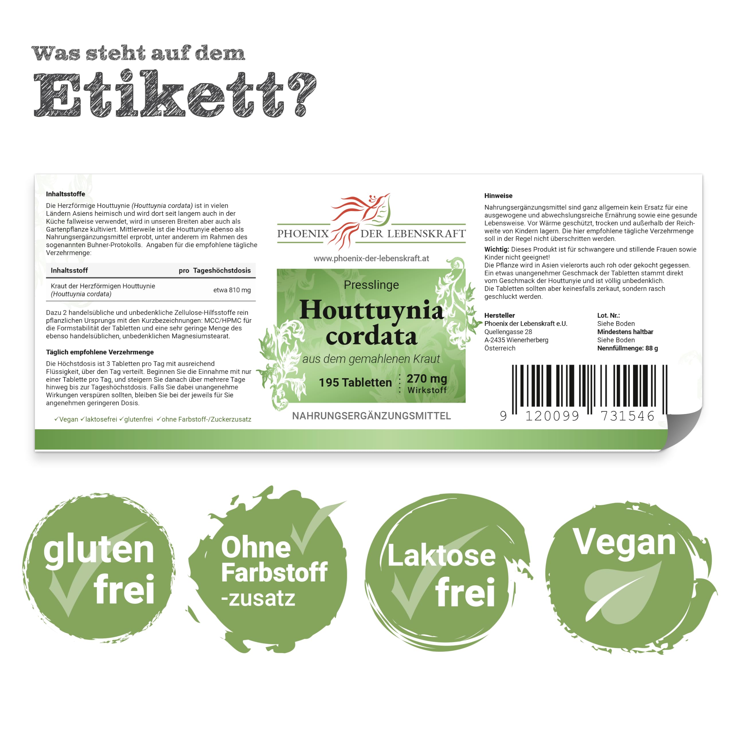 Houttuynia cordata Tabletten 270mg | 195 Tabletten Houttuynia cordata | Top Premium Qualität aus Österreich | Vegane Tabletten statt Kapseln ohne Zusatzstoffe | Fischkraut, Chameleon-Pflanze