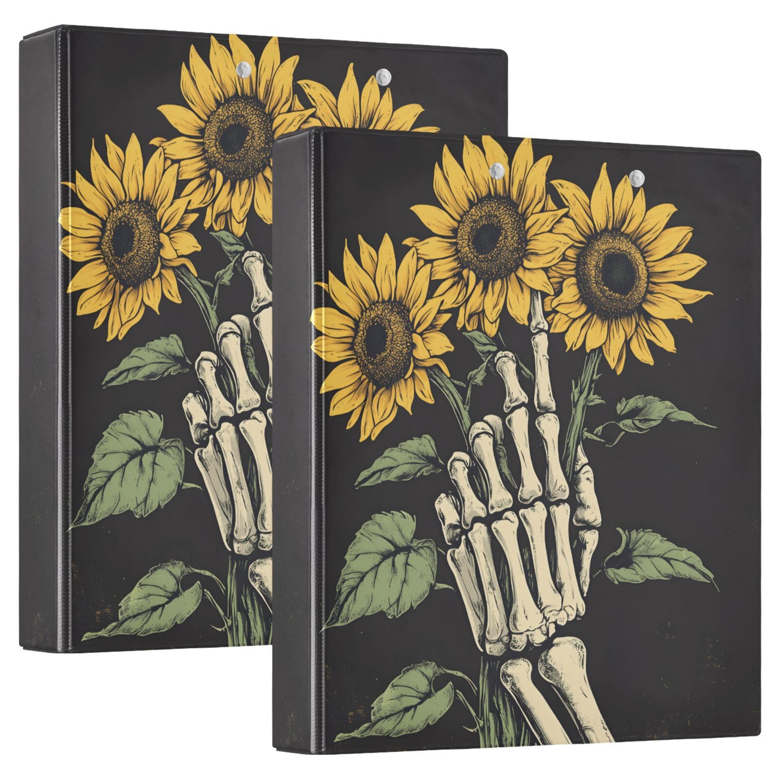 Confezione da 2 raccoglitori a 3 anelli, con teschio e mano di girasole, 3,8 cm, con 3 tasche trasparenti, portablocco e contiene 200 fogli, per ufficio, scuola, organizzazione domestica