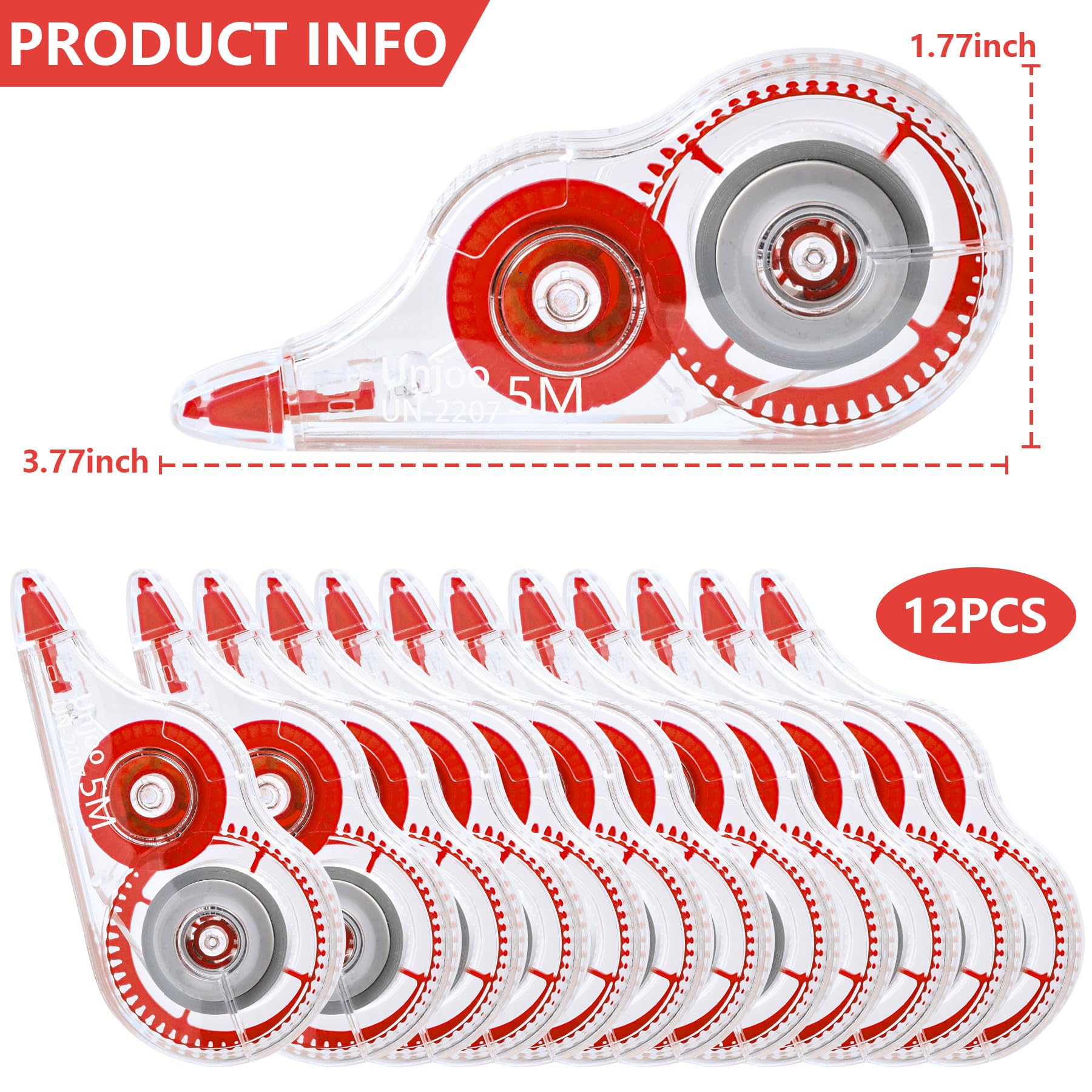 Unjoo Cinta correctora blanca, aplicador fácil de usar para correcciones instantáneas, escritura incorrecta en cualquier momento, para la escuela, la oficina (paquete de 12, 5 m x 0.2 pulgadas, rojo)