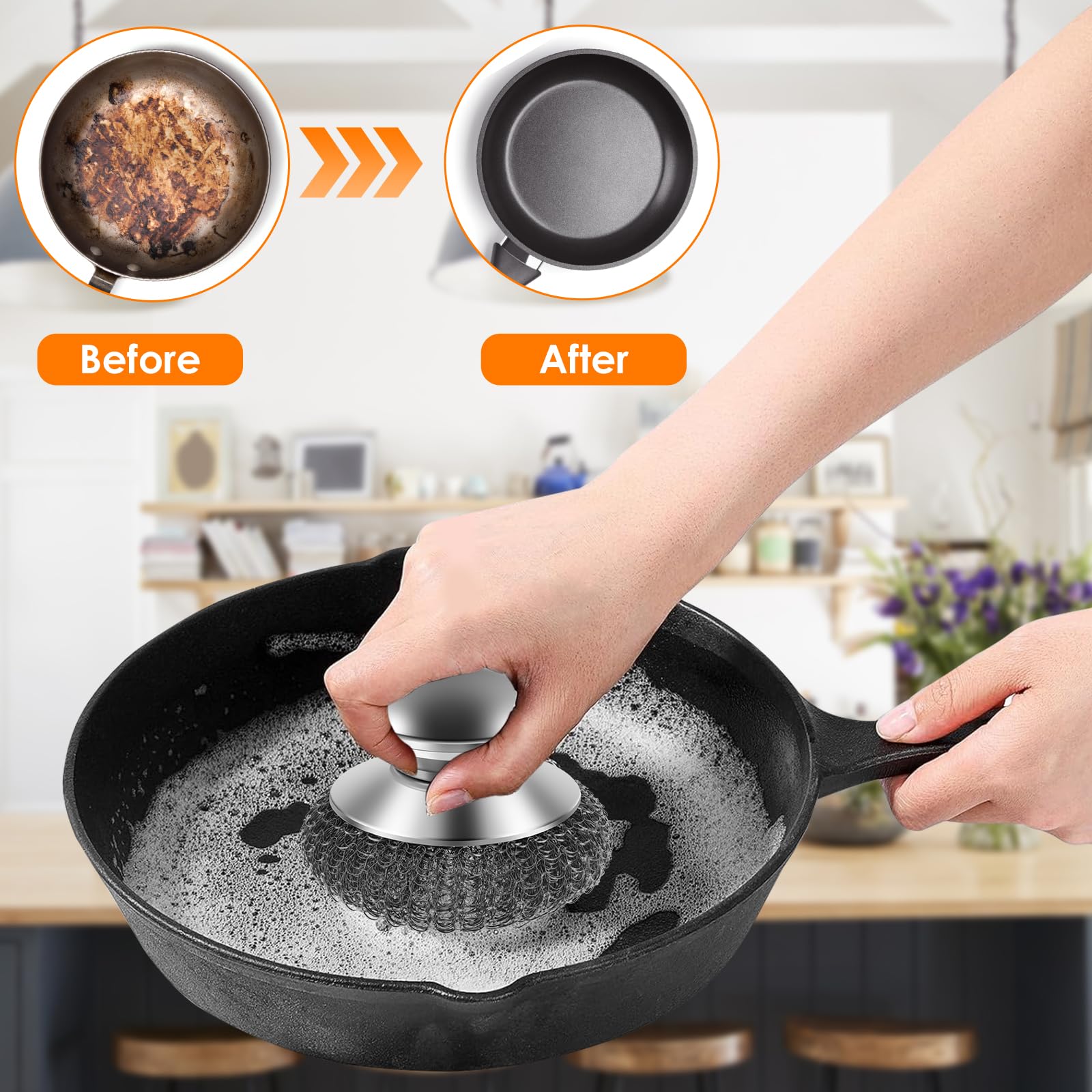 LYDODOKA 4Pcs Stainless Steel Wool Scrubber with Handle, Replacement Wire Pads Set, Non Scratch Metal Scrubber Pot Scrubbers for Cleaning Dishes, Iron Pots, Stoves, Barbecue Grills, Wash Sink