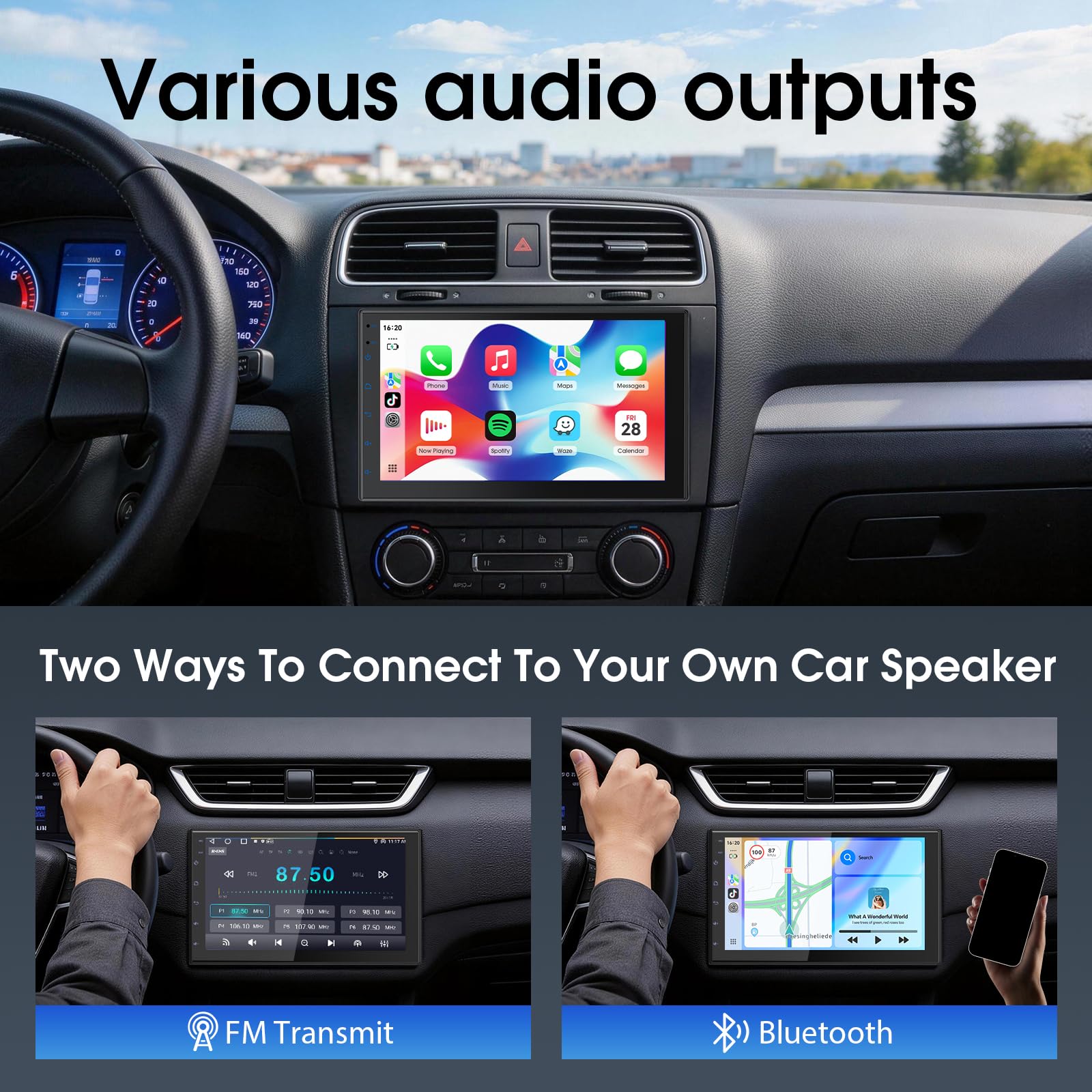 Haudio Radio samochodowe 2 Din z bezprzewodową funkcją CarPlay i Android Auto, 7-calowy ekran IPS z łącznikiem lusterka, GPS, sterowanie głosowe, SWC/FM/RDS/AM, 25 zestawów interfejsu użytkownika
