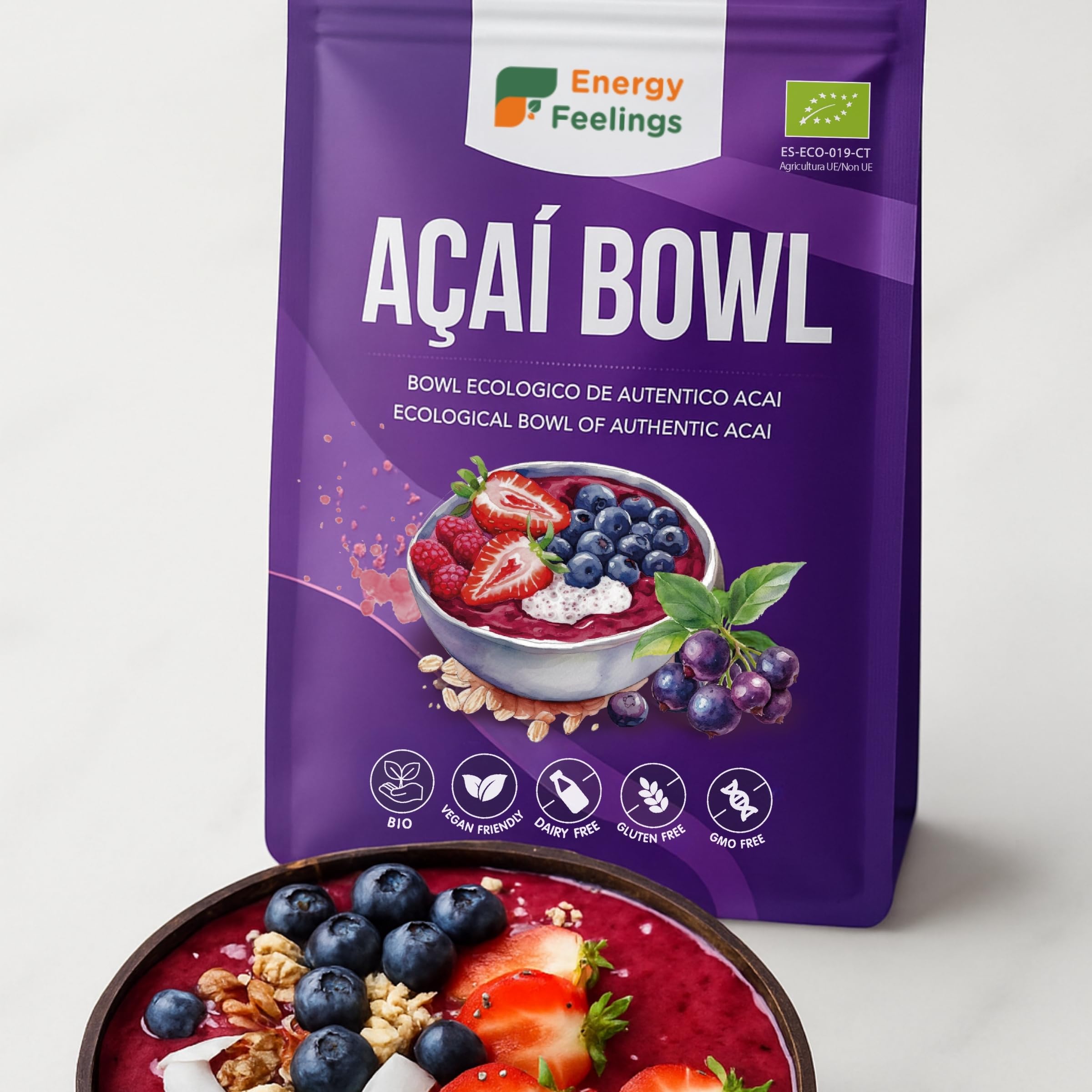 Energy Feelings Preparato per Acai Bowl Bio. Con Bacche di Acai in Polvere, Avena, Cocco... Frutta Liofilizzata Senza Zucchero Aggiunto con proprietà Antiossidanti. 500 G