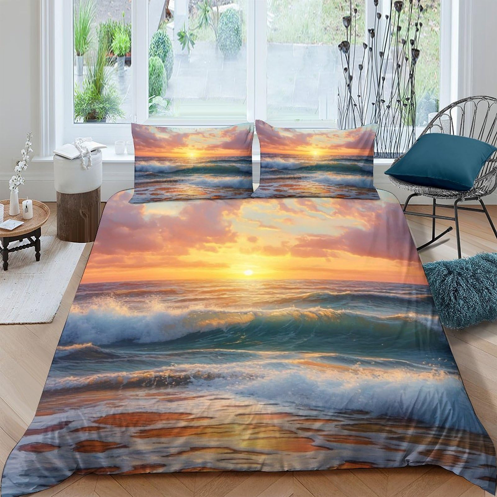 Ctjqhvkz Style-8 3D Printed Sunset Ocean Fitted Sheet Microfiber Soft Bed Cover Beach Waves Mattress Cover Bedroom Decor Single（135X200cm）