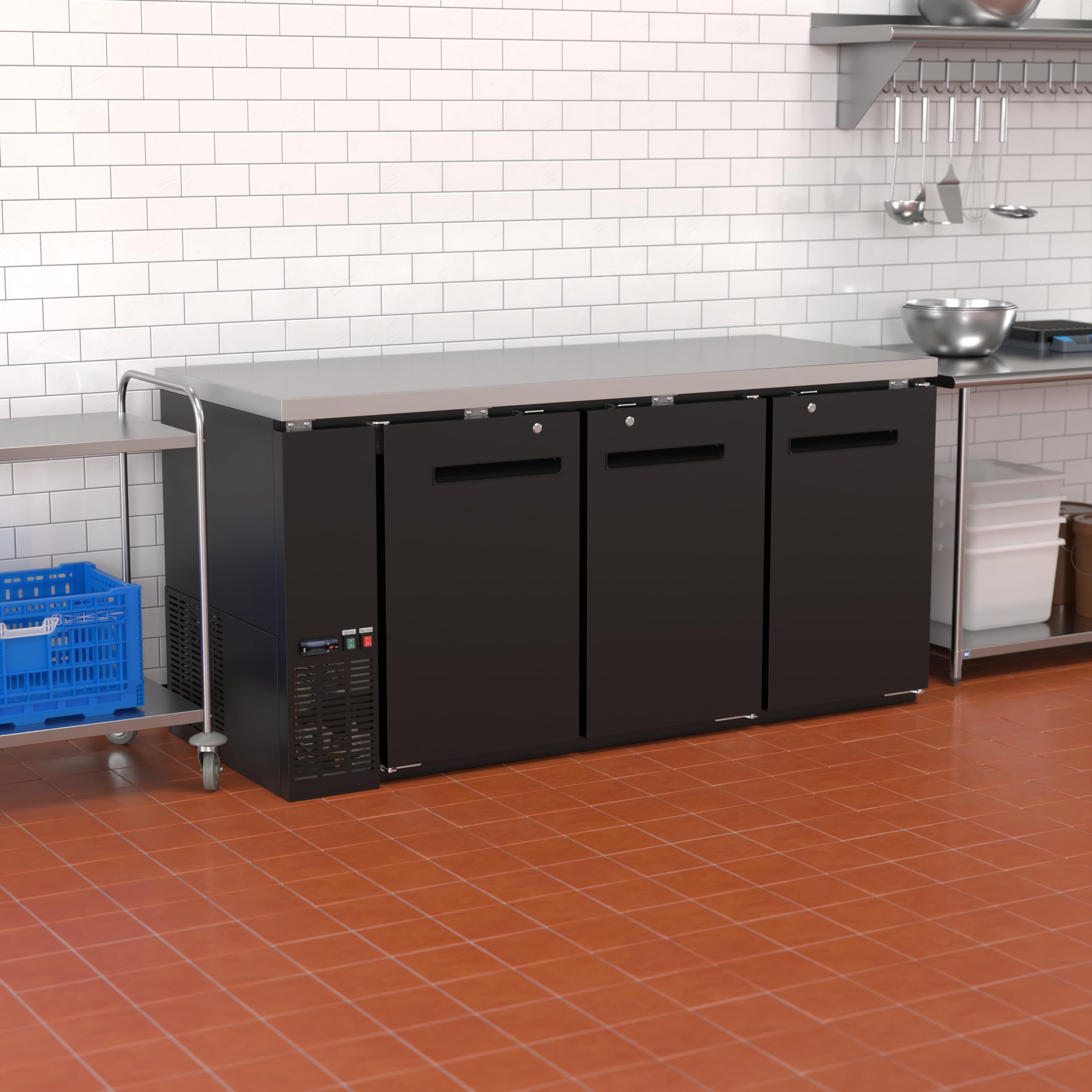 Krollen Industrial UBB-72-HC 73" Black Counter Height Narrow Solid Door Back Bar Refrigerator Beverage Cooler for Beer Soda Wine with LED Lighting on Fridge.com