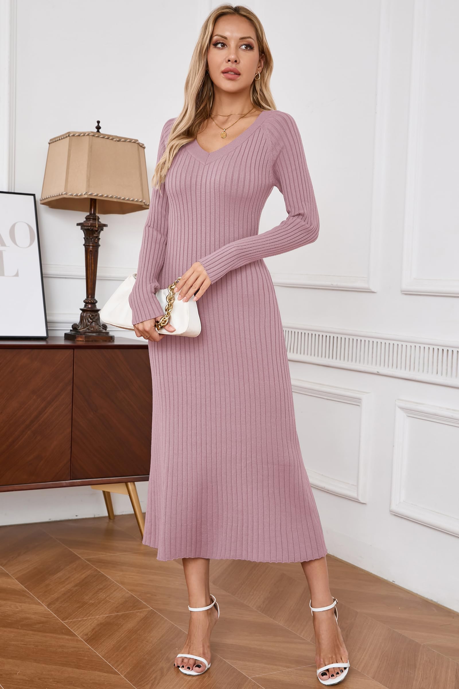 Arach&Cloz Strickkleid Damen V Ausschnitt Herbst Winterkleid Lang Pulloverkleid Bodycon Fishtail Maxi Kleid Elegant