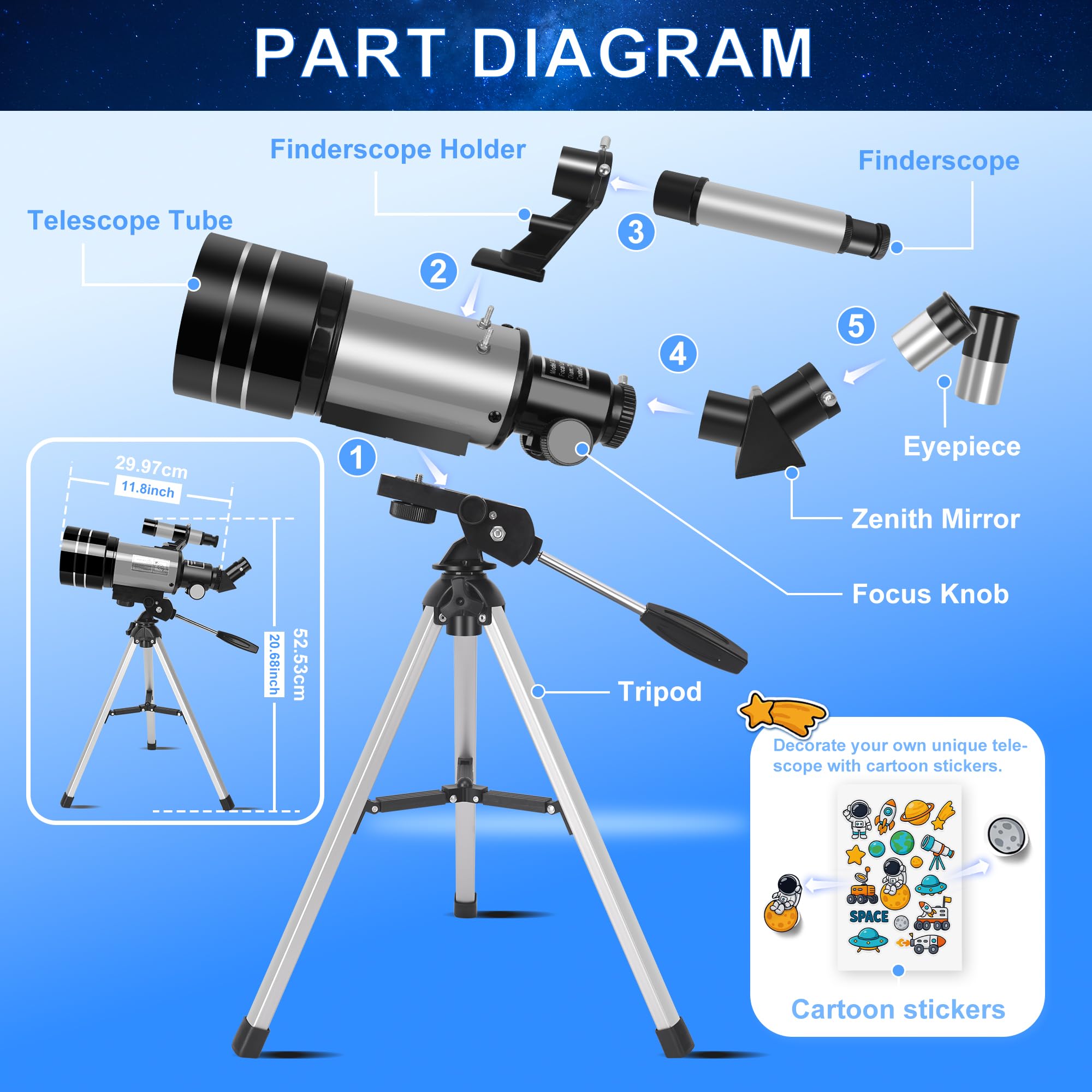 Télescope réfracteur pour et Adultes, pour débutants, Ouverture de 70 mm, Distance focale de 300 mm, avec Montage équatorial, idéal pour l'observation de la Lune