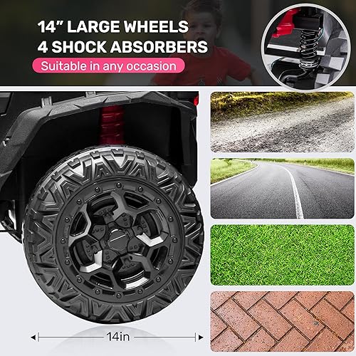 Miniatura 4 de ANPABO Camión de coche de 24 V 4 x 4 con control remoto, 4WD2WD conmutable Kids UTV, asiento espacioso de 19 pulgadas, 4 amortiguadores, arranque