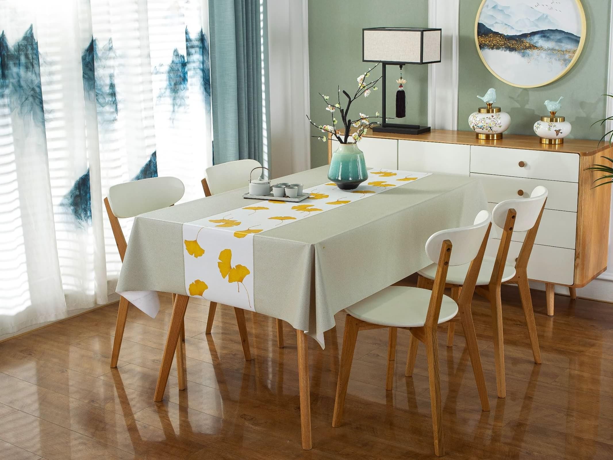 Tovaglia da Cucina Rettangolare, Tovaglie 140 x 300 cm Modello Ginkgo Biloba in PVC Tovaglia per La Decorazione della Casa CucinaBeige