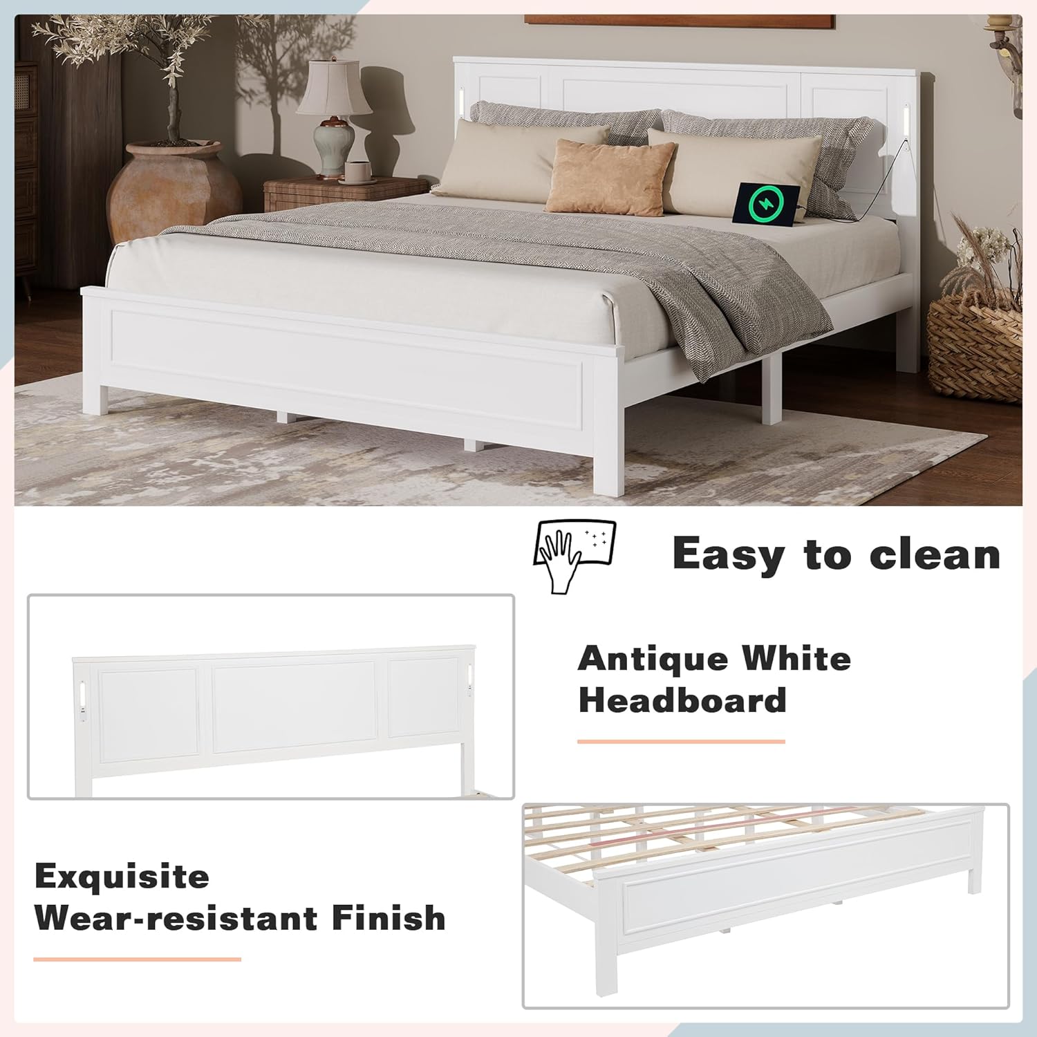 Harper & Bright Designs King Size Platform Bed with Tall Panel Headboard and Footboard, LED Lights & USB Charging Station, Modern Platform Bed for Bedroom/Guest Room, White