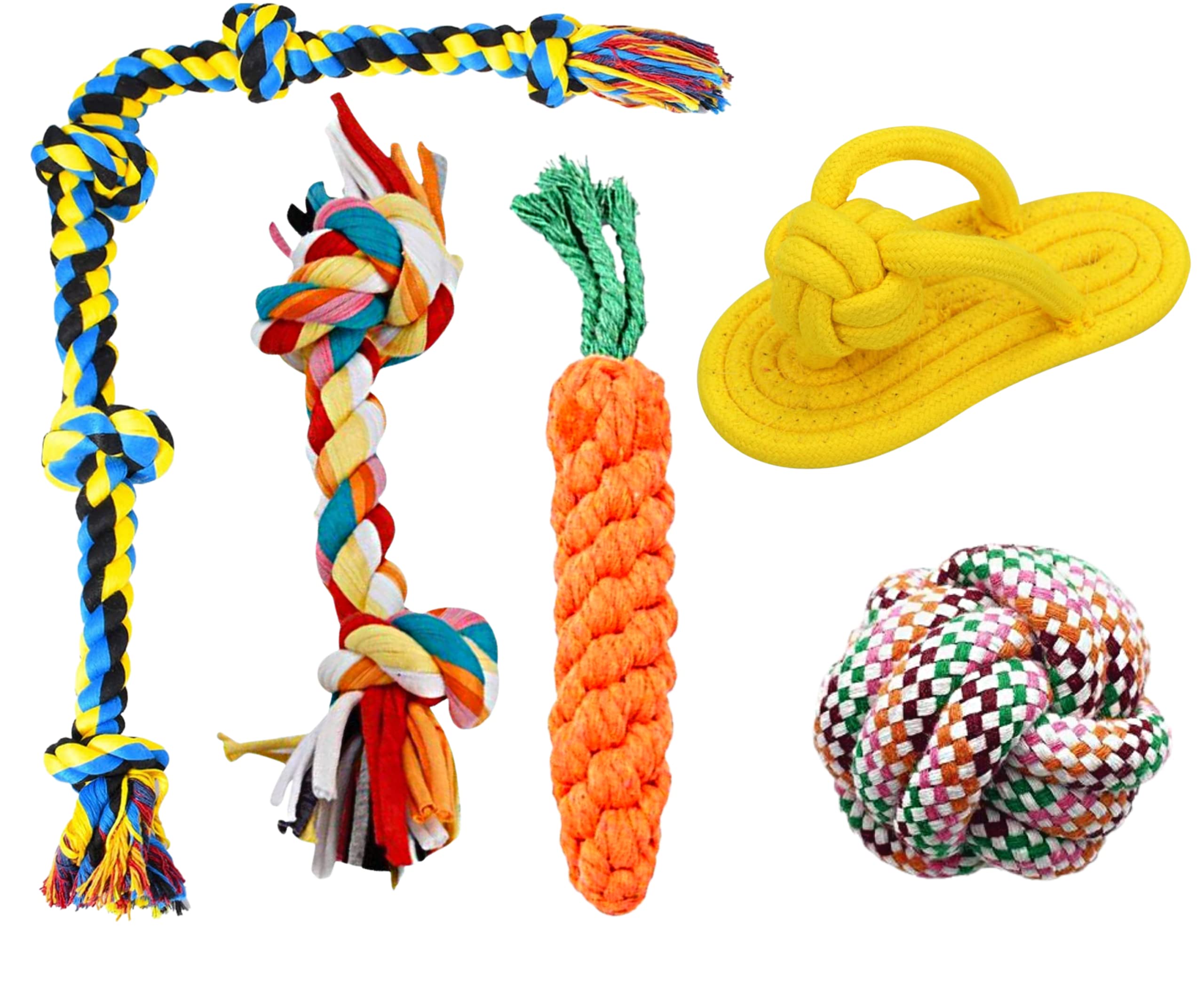 Foodie Puppies Cotton Rope Chew Toy - 5 in-1 Rope Combo (2Knot, 5Knot, Carrot, Slipper, Cotton Ball | Chewing, Playing, Teething Rope for Small to Medium Size Dogs and Puppies (B0B5N84WXW) Amazon Price History, Amazon Price Tracker