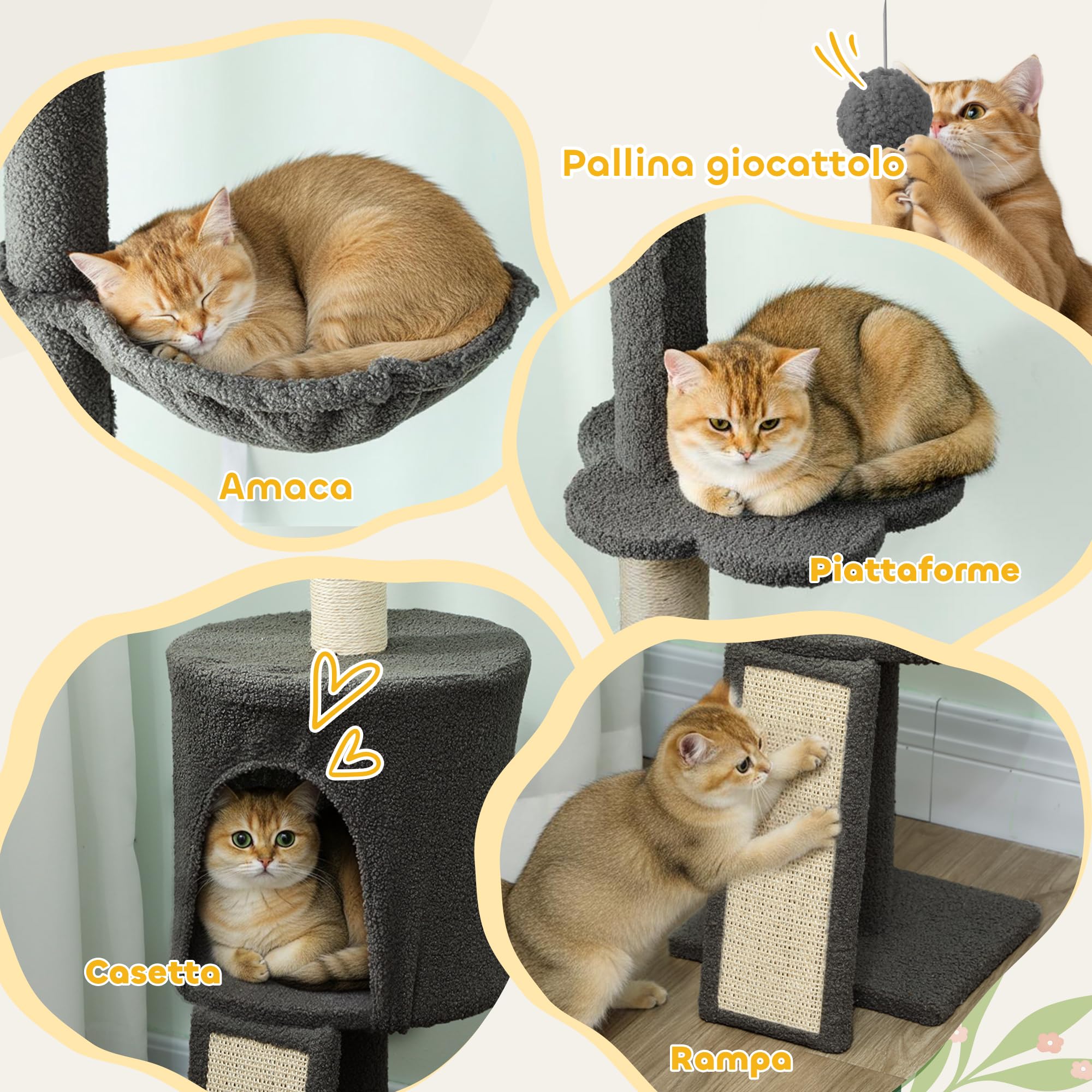 PawHut Albero per Gatti a Soffitto 5 in 1 Alto 220-240 cm, Torre per Gatti con Amaca, Casetta, Piattaforme a Fiore e Pali in Sisal, per Gatti fino 5 kg e Gattini, Grigio Scuro