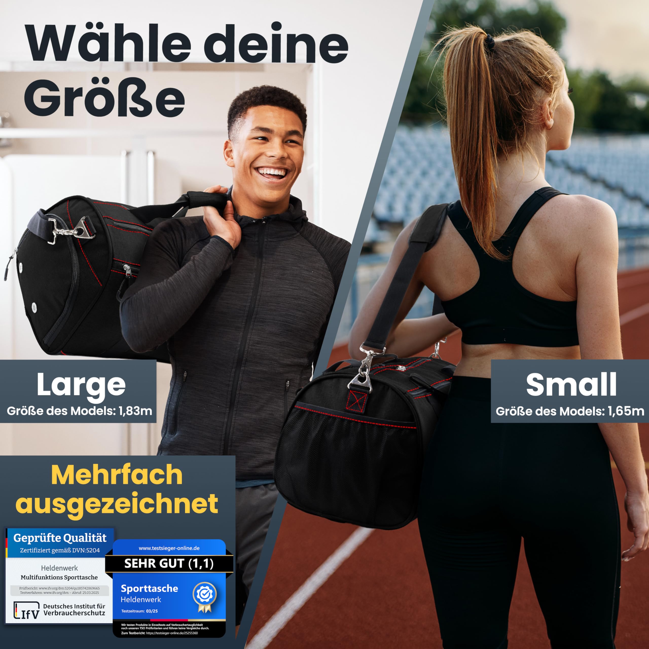 Heldenwerk® Sac de sport avec compartiment pour chaussures et compartiment pour vêtements mouillés | Sac d'entraînement pour homme et femme | Idéal comme sac de voyage, sac de fitness, sac