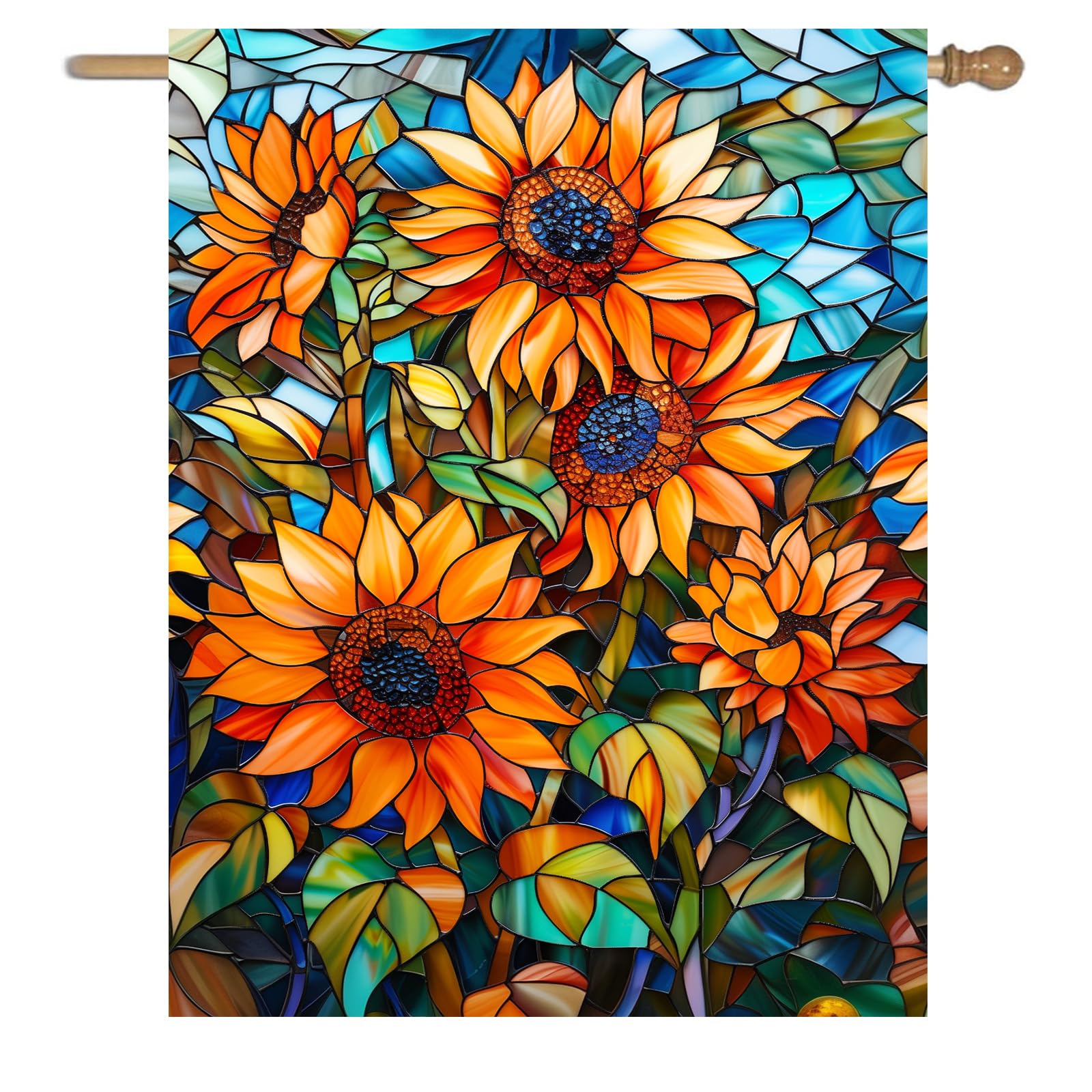 Fall Sunflower Garden Flag Autumn House Flags 28x40 Double Sided Large Thanksgiving Outdoor Flag for Outside Stained Glass Floral Yard Flags Fall Porch Lawn Flags Decorative