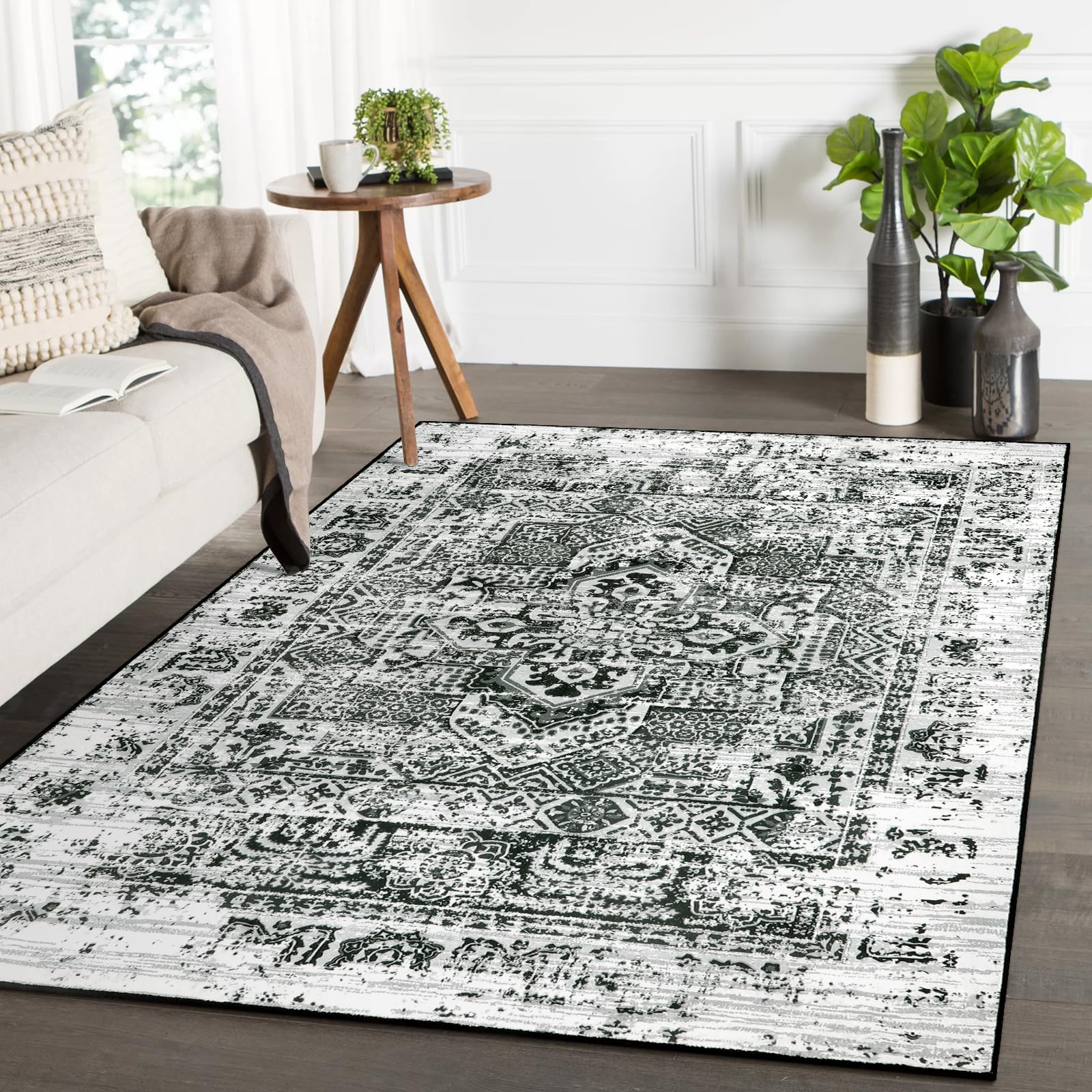 Lahome Bohemian Vintage Large Area Rug 6x9, Boho Ultra Soft Machine Washable Black Carpet, Low