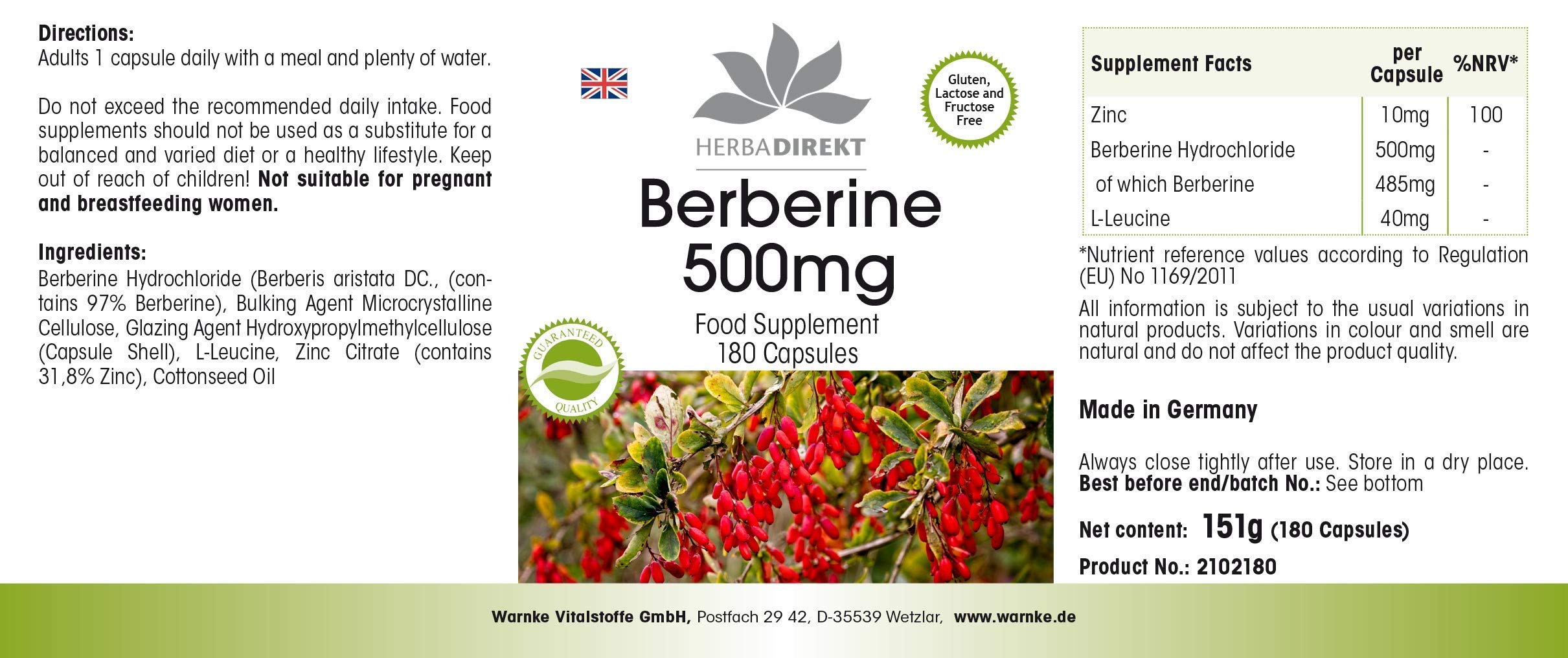 Berberina HCl 500mg + Zinco - altamente dosata - vegana - 180 capsule | HERBADIREKT by Warnke Vitalstoffe - Qualità da farmacia tedesca