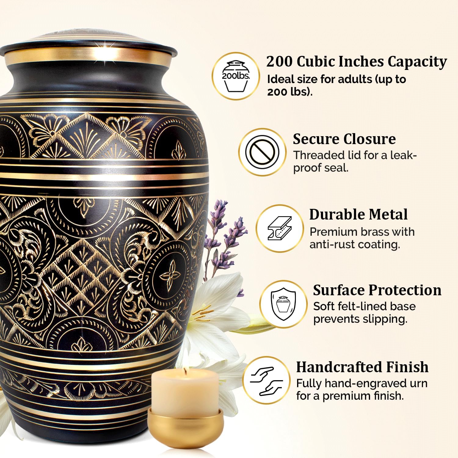 Cremation Urns for Human Ashes – Handcrafted 200 Cu in Brass Memorial Urn with Tight-Seal Lid – A Beautiful, Lasting Tribute for Loved Ones (Black, Large)
