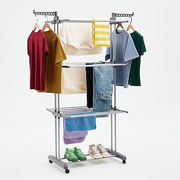 Amazon Basics Clothes Airer, 4-Tier Adjustable Drying Rack with 6 Foldable Wings, 126cm x 64cm x 173cm for Indoor Laundry, Silver : Amazon.co.uk: Home & Kitchen