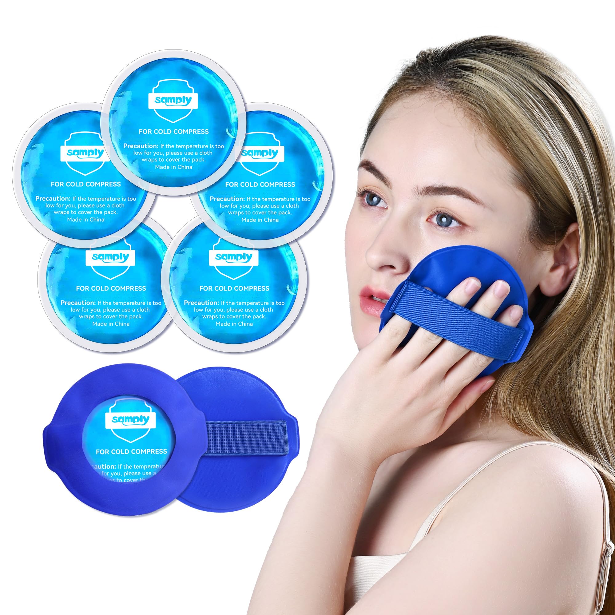 samply Small Gel Ice Packs for Boo Boos, Cold Packs for Injuries Reusable Pain Relief, Headaches and Toothaches,Eyes, Face, 5 Pack Mini Round Ice Packs with 2 Covers for Cold Compress