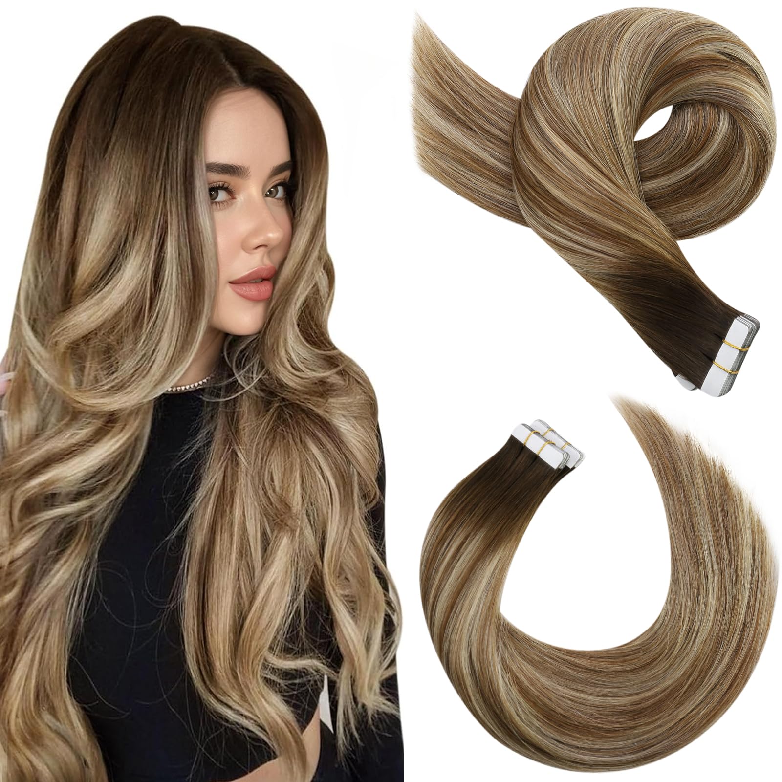 Moresoo Dopinki do przedłużania włosów metodą tape in, prawdziwe włosy, blond, ciemny brąz do jasnobrązowego z bladym blondem, ombre, niewidoczne, blond, 20 sztuk/50 g, 55 cm #4/6/613