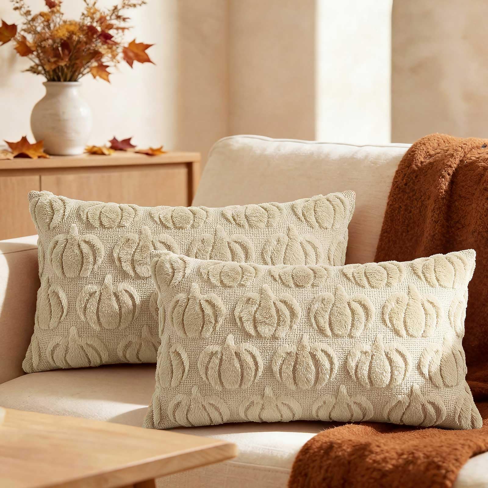 Benjia Fall 12x20 Cushion Covers Set of 2, Lumbar Cushion Case Autumn Pumpkin Throw Pillow Cases Soft Plush Faux Fur Wool Decorative Throw Pillow Covers 30x50cm for Couch Bed Sofa Autumn Decor (Beige) — image 1