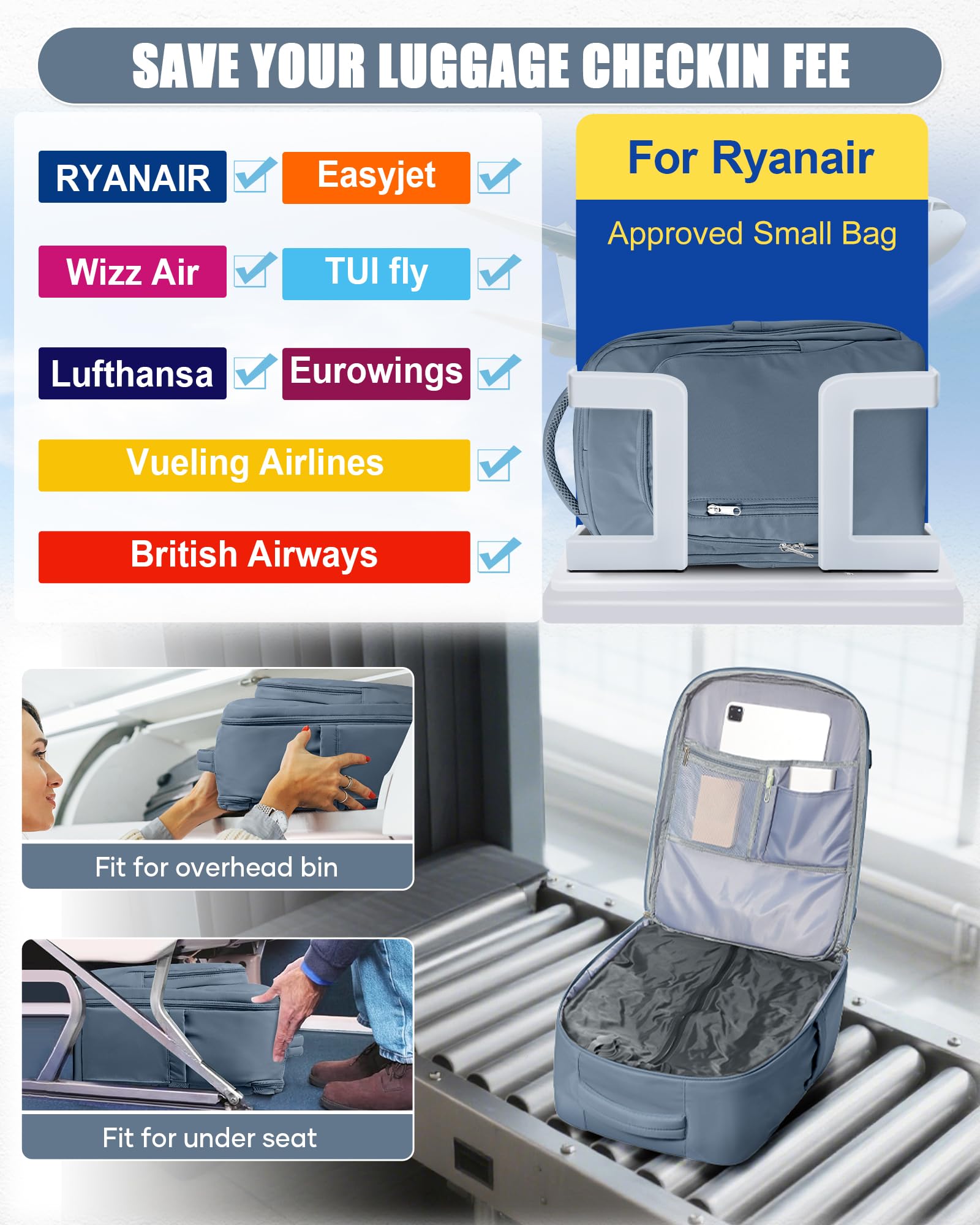 BJLFS Zaino Ryanair 40x30x20 Sottovuoto con Pompa Zaino da Viaggio Ryanair 40x20x25 Borse da Cabina per Wizzair Bagaglio a mano Easyjet 45x36x20 Sottovuoto Zaino Casual per Laptop Blu reale