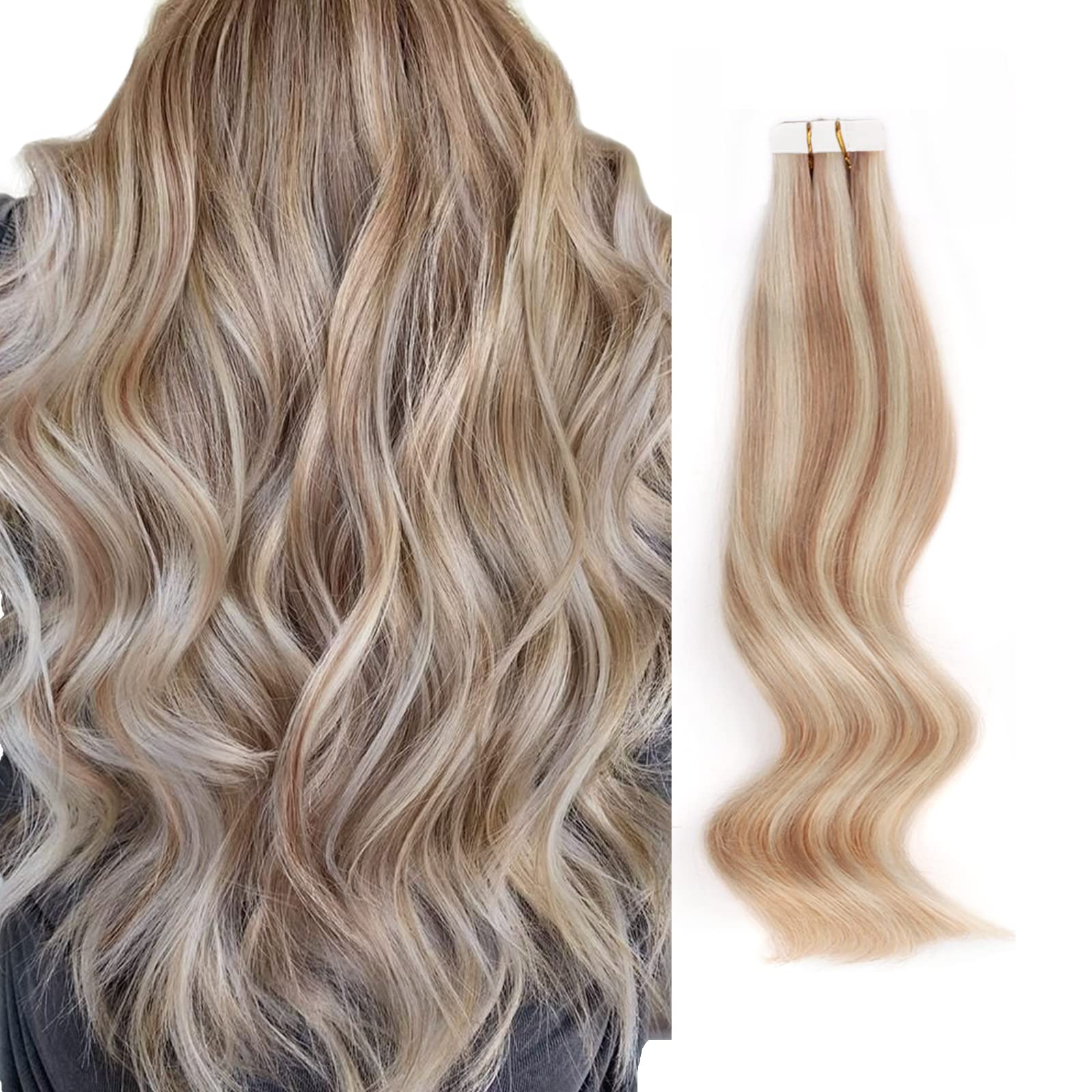 ABH AMAZINGBEAUTY HAIR 18 Inch Highlights Pre Taped Tape in Hair Extensions for Women Real Human Hair Skin Wefts 50g 20pcs Invisible Seamless Dark Dirty Blonde With Platinum Ash Blonde P12-60