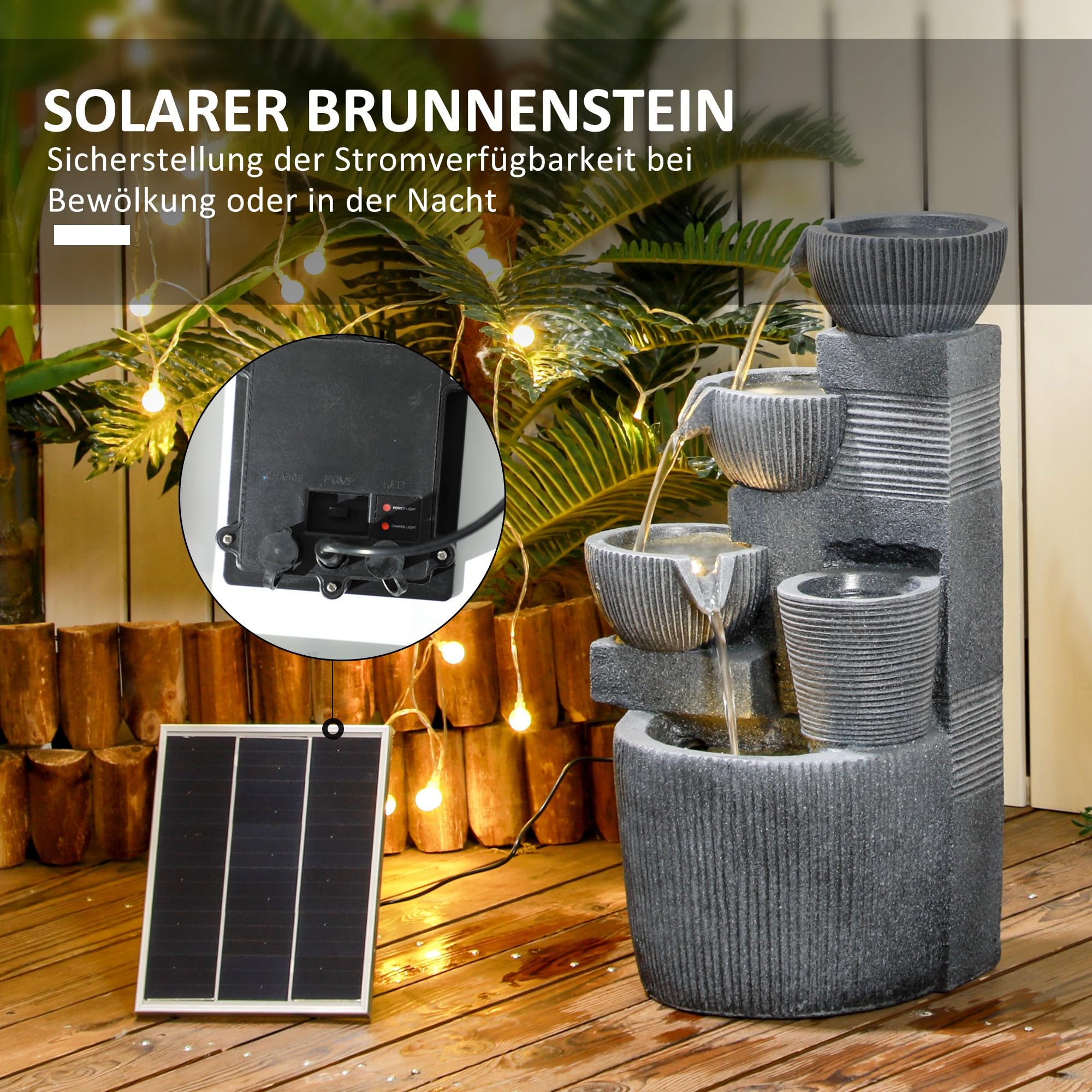 Outsunny Springbrunnen aus Kunstharz Outdoor Gartenbrunnen mit LED Beleuchtung 4 Stufen Steinoptik Pumpe Dekorationsbecken Zimmerbrunnen Zierbrunnen für Garten Rasen 31x27x57 cm Grau