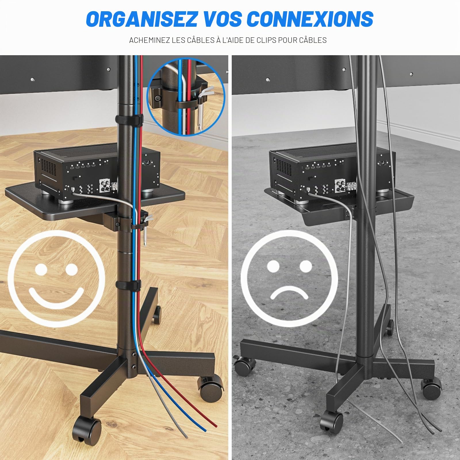 RFIVER Support TV sur Pied Chariot TV Meuble Télé Support avec Roulette Pied de 27 à 60 Pouces, Mobile TV Pivotant et Réglable en Hauteur, jusqu'à 40 kg, Max VESA 400x400 mm