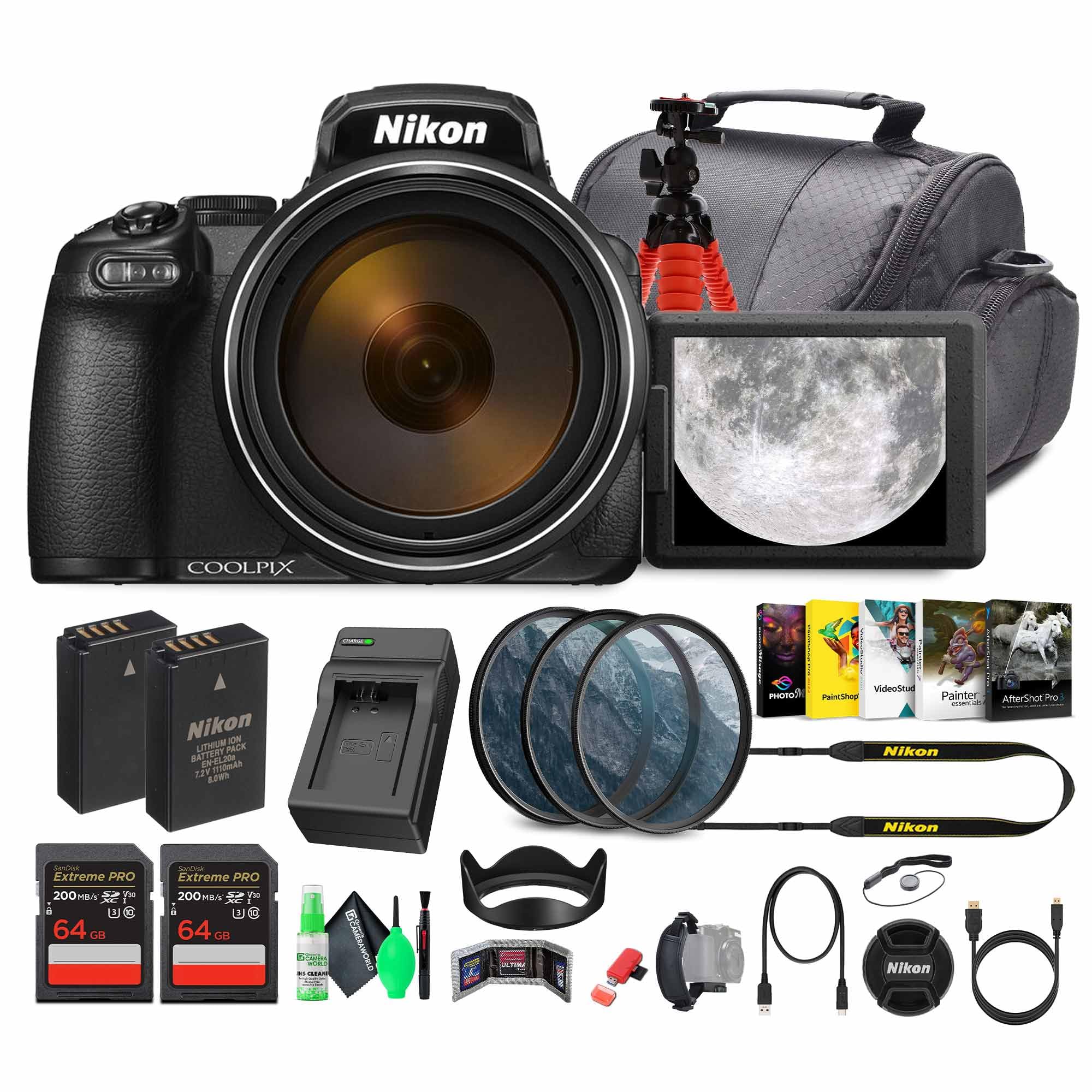 Nikon COOLPIX P1100 125x Super Zoom Compact Digital Camera (26541) + Photo Software + 2 x 64GB Memory Card + Lens Filter Kit + Camera Bag + EN-EL20 +