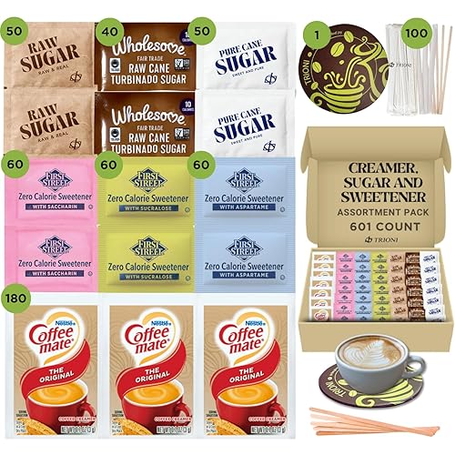 Paquetes de crema de café en polvo (180 unidades) y paquetes surtidos de azúcar y edulcorante (320 unidades) El paquete incluye paquetes de polvo de