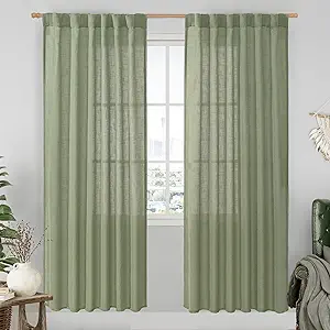LAMIT Sage Green 80 inch Linen Curtains for Living Room 2 Panels, Linen Textured Light Filtering Semi Sheer Back Tab and Rod Pocket Window Curtain Panels for Bedroom/Farmhouse, 52 x 80 Inch
