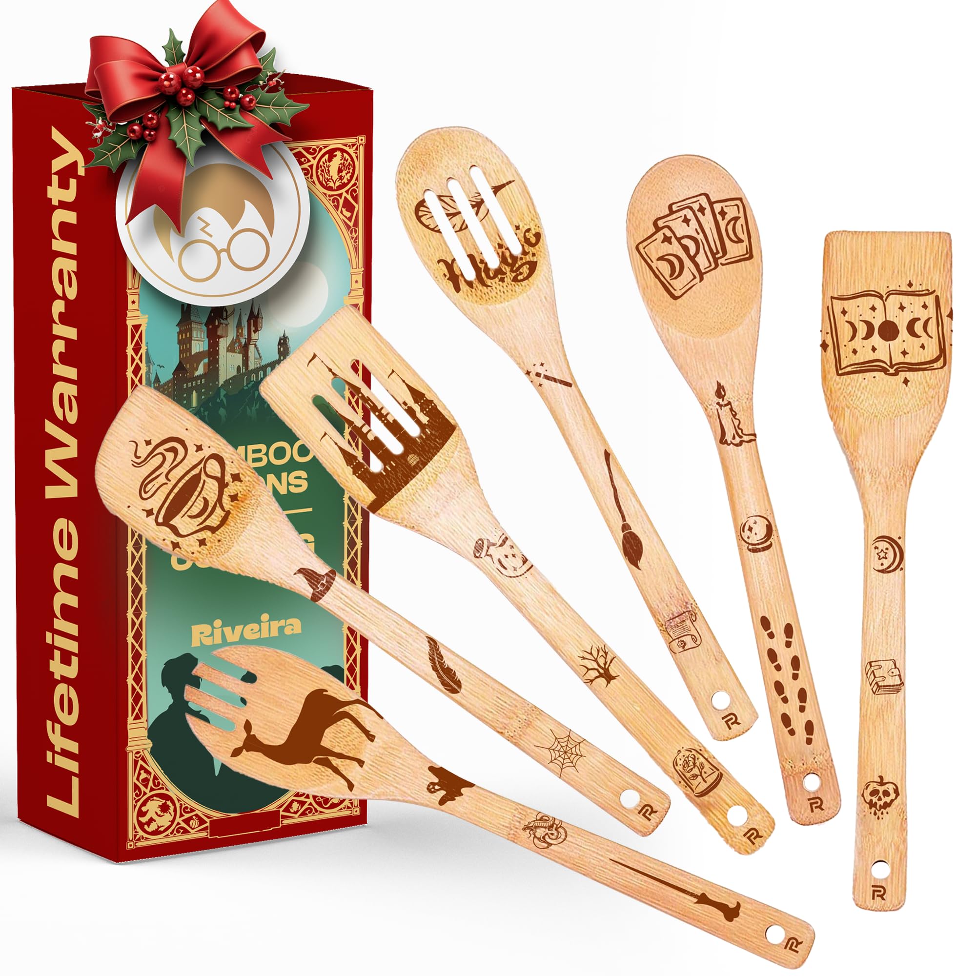 Riveira Magic Wizard Gifts Organic Wooden Spoons For Cooking Utensils Set 6-piece - Christmas Gifts For Women Kitchen Utensils Spatulas For Nonstick Cookware Gifts For Cooking Lovers