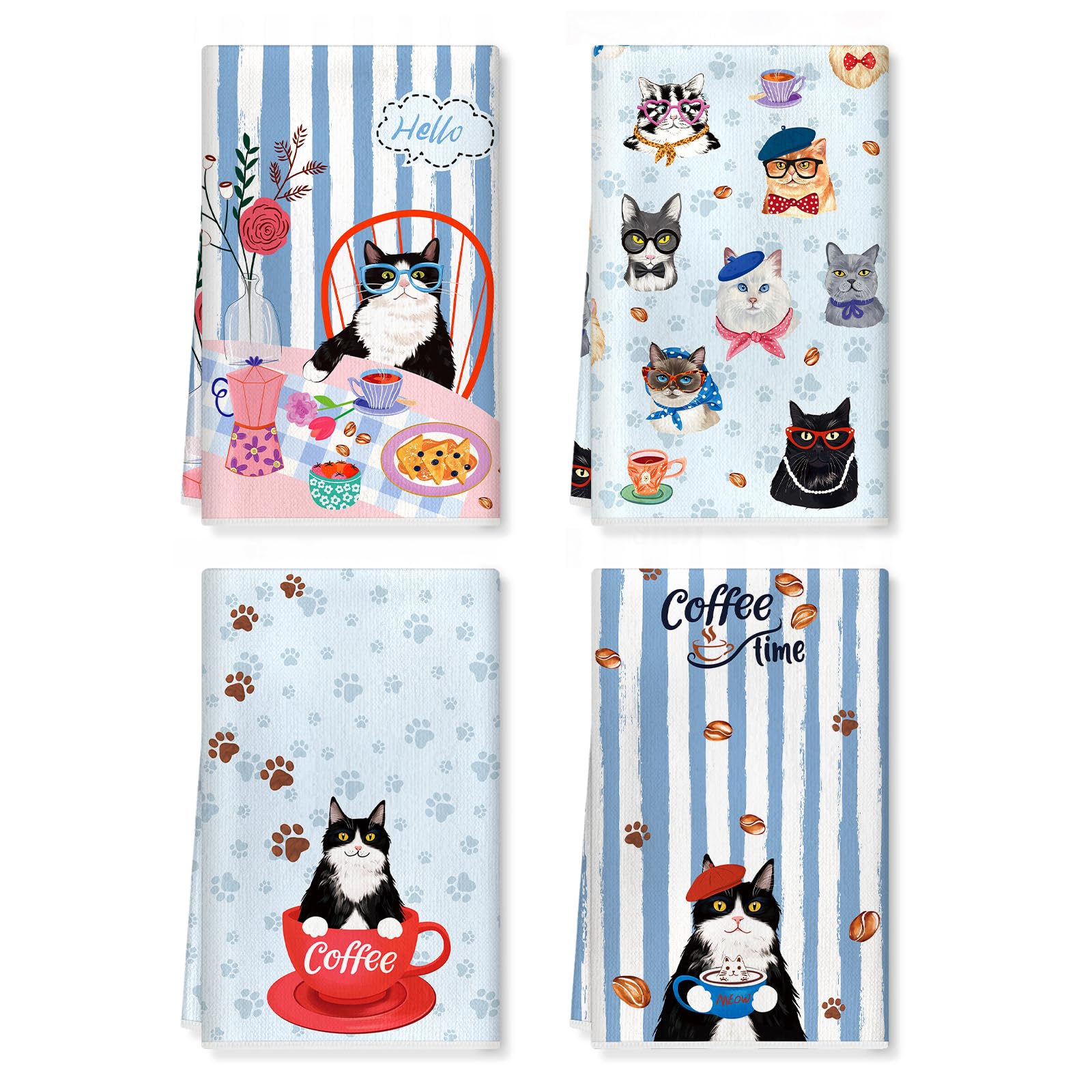 Arquiel Funny Cat Kitchen Towels Soft Thick Cotton Blend Cute Hand Towels, 42 x 70 cm Absorbent Dish Cloth for Kitchen Home Decor, Housewarming, Birthday Gifts for Cat Lover, Set of 4
