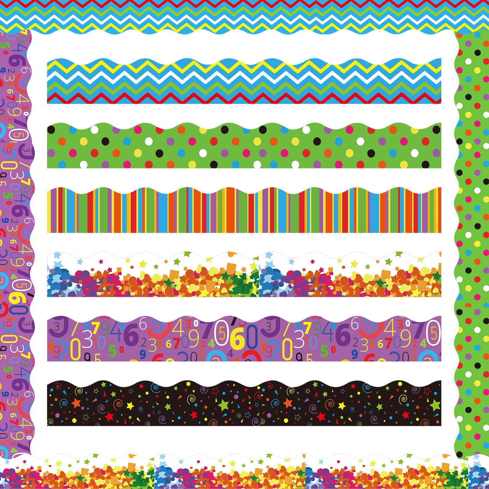 6 Rolls Boho Bulletin Board Borders - 196.8 Feet Scalloped Classroom Decorations, 3 Inch Wide Colorful Trim