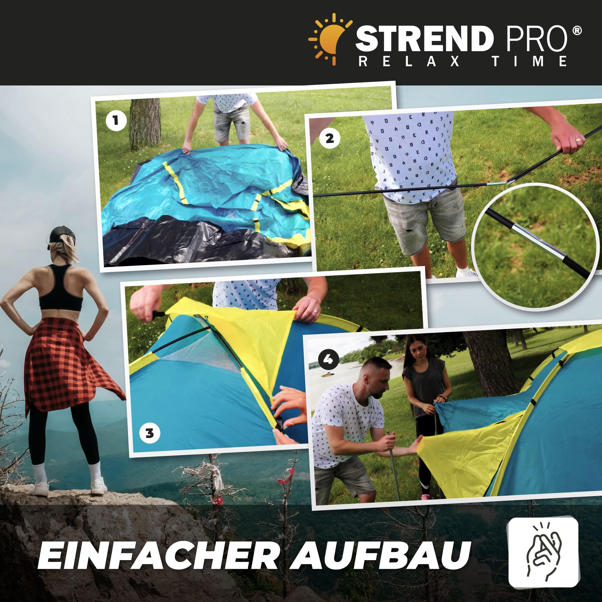 STREND PRO Campingzelt 4 Personen 205x205x120 cm – Zelt MIT VORZELT - Wurfzelt mit Markise, Kuppelzelt Wasserdicht, großes Zelt für Urlaub & Festival