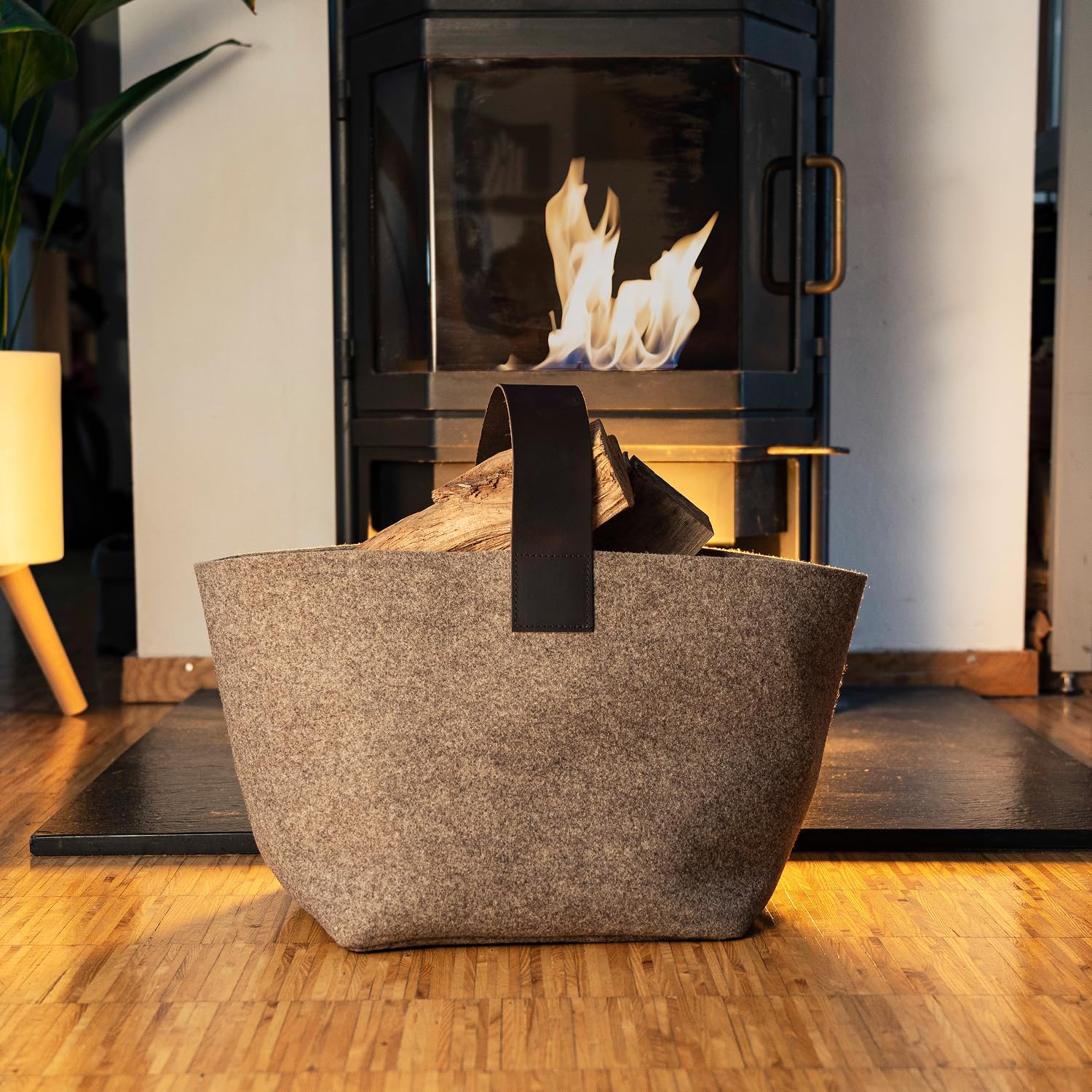 Panier à bois de cheminée en feutre Designer 40L Fabriqué en Allemagne Beige