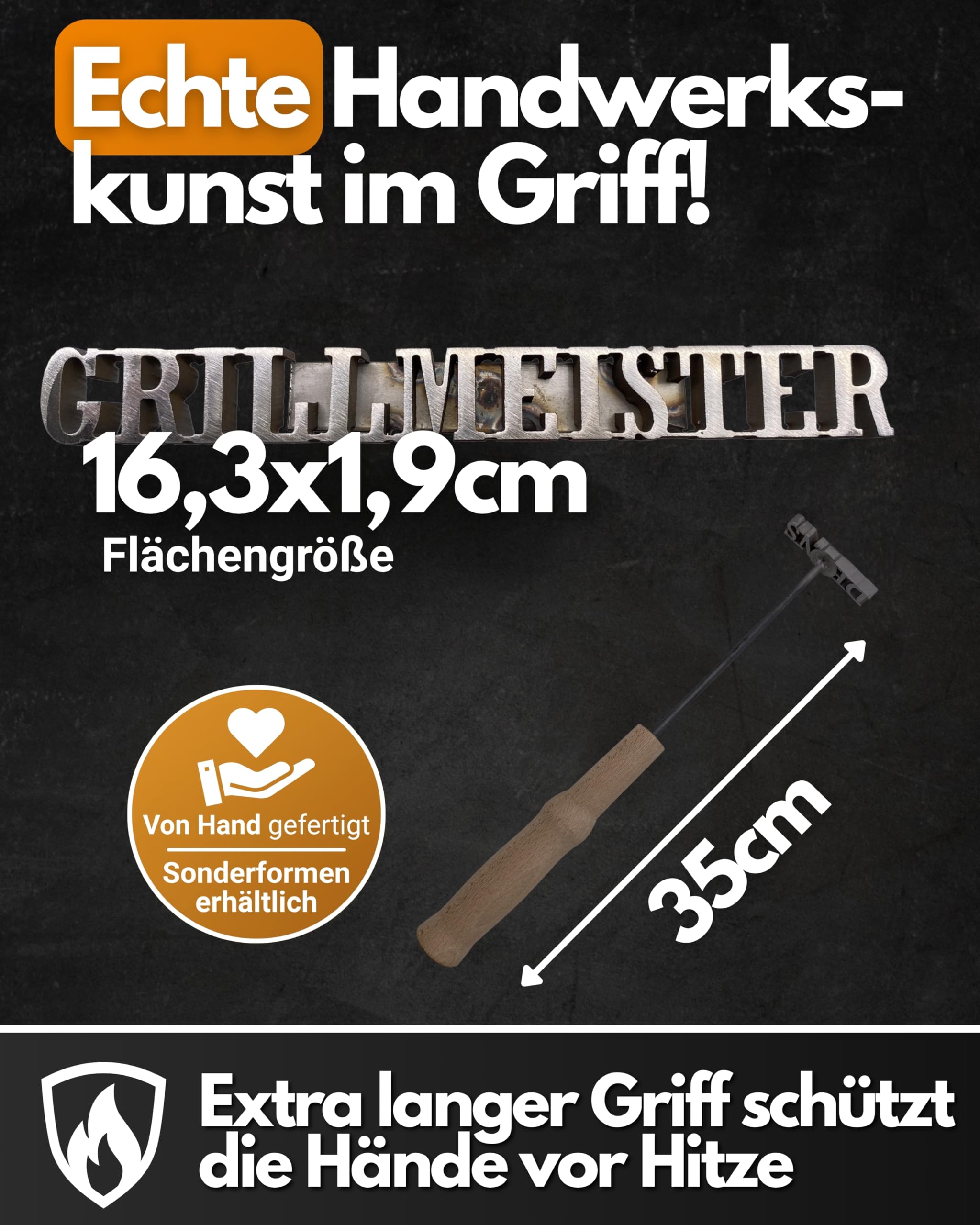 Feuerfest 123 Brennstempel mit Grillmeister-Motiv I 16,3 x 1,9 x 35 cm I Grill-Stempel aus robustem Stahl I Hochwertiger Prägestempel mit Holzgriff I Brandeisen Männer