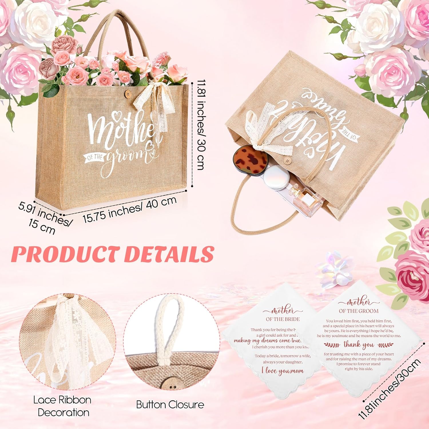 Hushee 2 Sets Mother of the Bride and Mother of the Groom Gifts Set Includes 16 oz Glass Cups Canvas Tote Bags Cosmetic Bag Handkerchief Candle for Mom Bridal Shower Wedding Gifts (Flower)