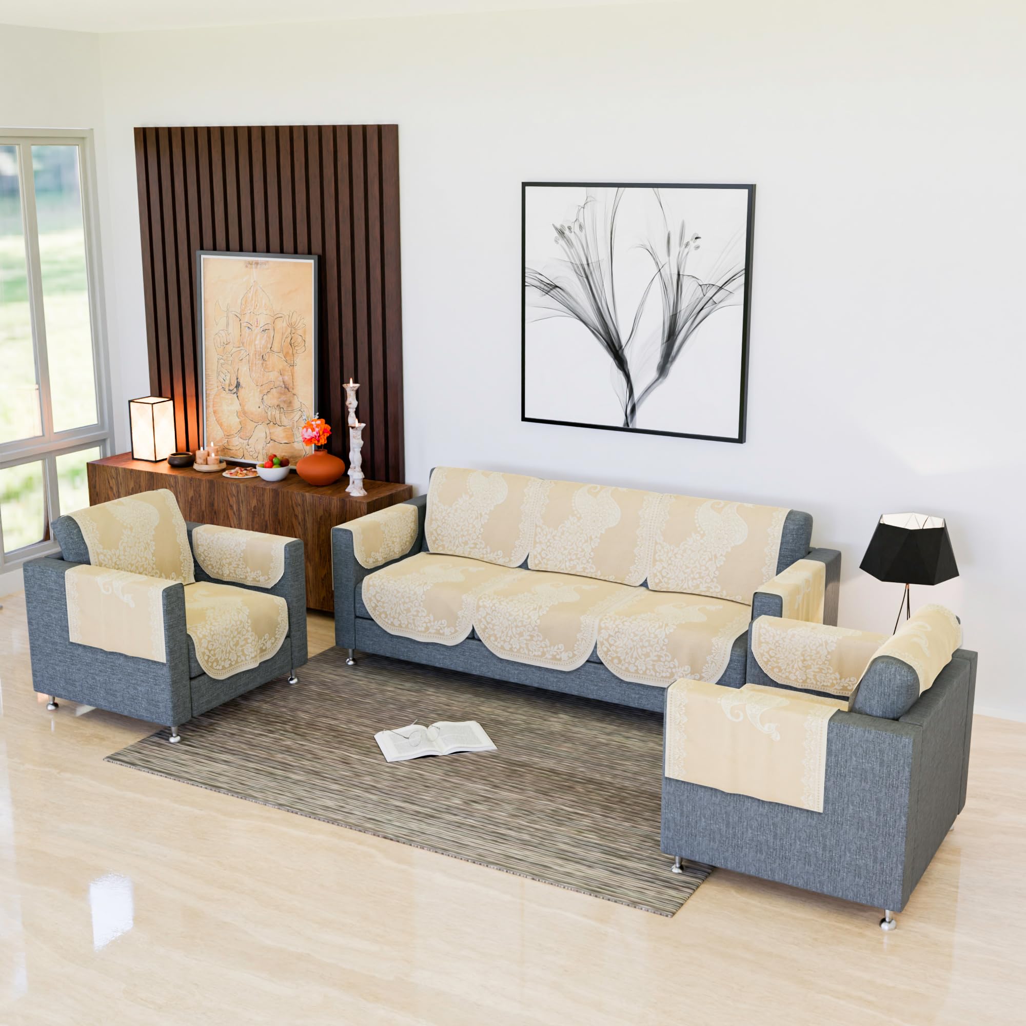 Kuber Industries Sofa Cover | 16 Piece | 5-Seater Sofa Cover with Arm Cover for Home D?cor | Net Sofa Slipcover Set | Sofa Cover for Living Room | Sofa Slip Cover for Hall | Peacock-Design | Cream-image-21