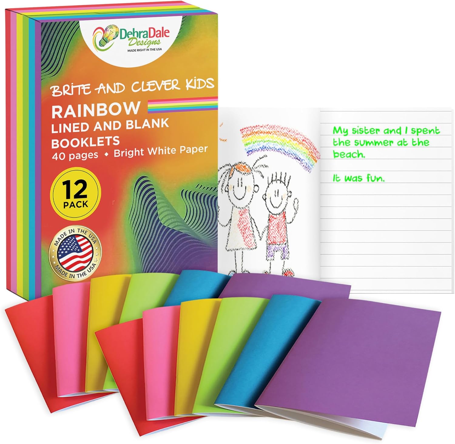 DEBRA DALE DESIGNS Made Right in the USA - Notebooks for Kids - Blank & Lined Page Journals - 5-1/4" x 8-1/2" - 12 Pack - Six Bright Colors for Bright Ideas - Sturdy Covers - 20 Page Journal Notebook
